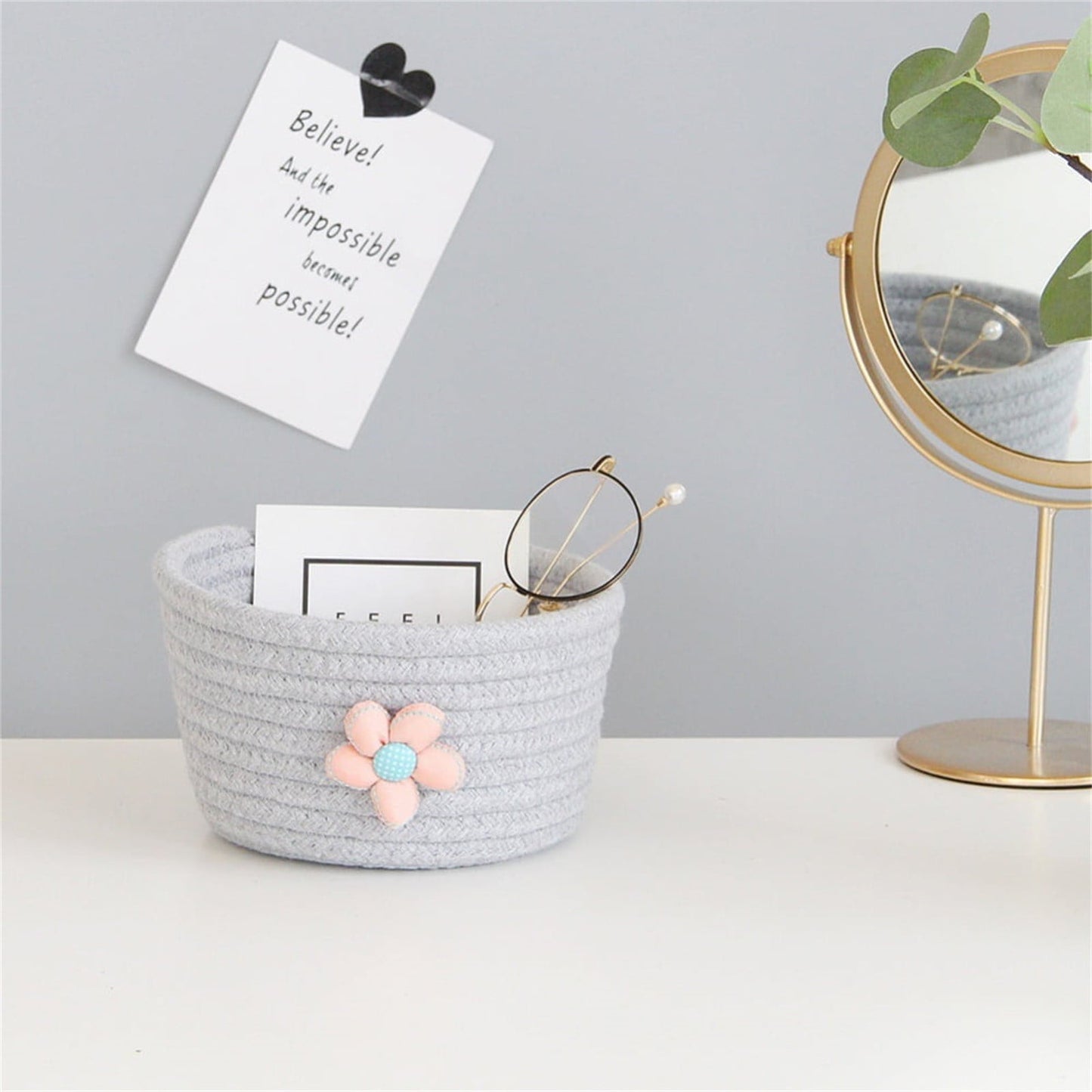 Small Woven Storage Baskets ,Cotton Rope Woven Rattan Baskets,Shelf Toy Basket,Closet Organizer Bins,Small Storage Baskets for OrganizingShallow Basket,Tiny Oval Shallow Baskets,6.3x3.15",White Grey