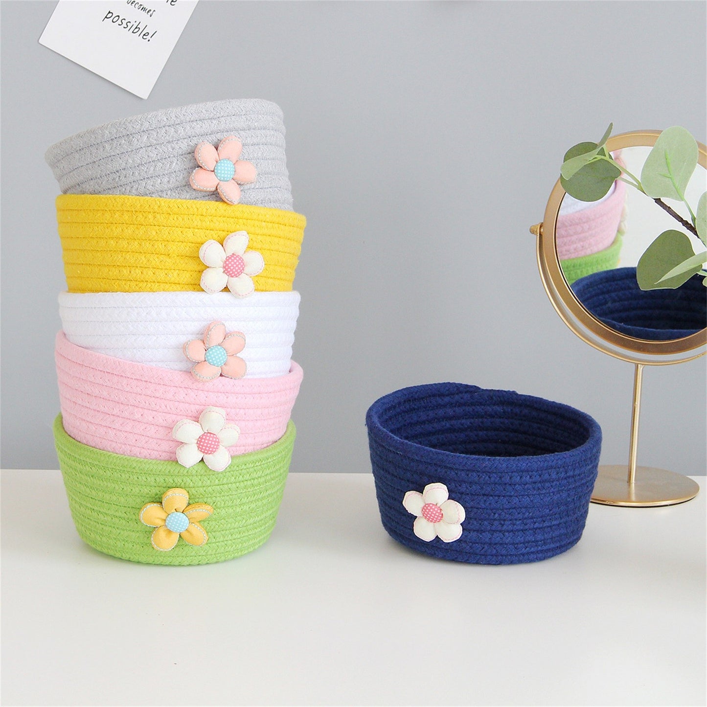 Small Woven Storage Baskets ,Cotton Rope Woven Rattan Baskets,Shelf Toy Basket,Closet Organizer Bins,Small Storage Baskets for OrganizingShallow Basket,Tiny Oval Shallow Baskets,6.3x3.15",White Grey