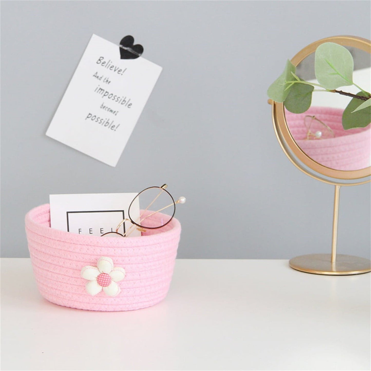 Small Woven Storage Baskets ,Cotton Rope Woven Rattan Baskets,Shelf Toy Basket,Closet Organizer Bins,Small Storage Baskets for OrganizingShallow Basket,Tiny Oval Shallow Baskets,6.3x3.15",White Pink