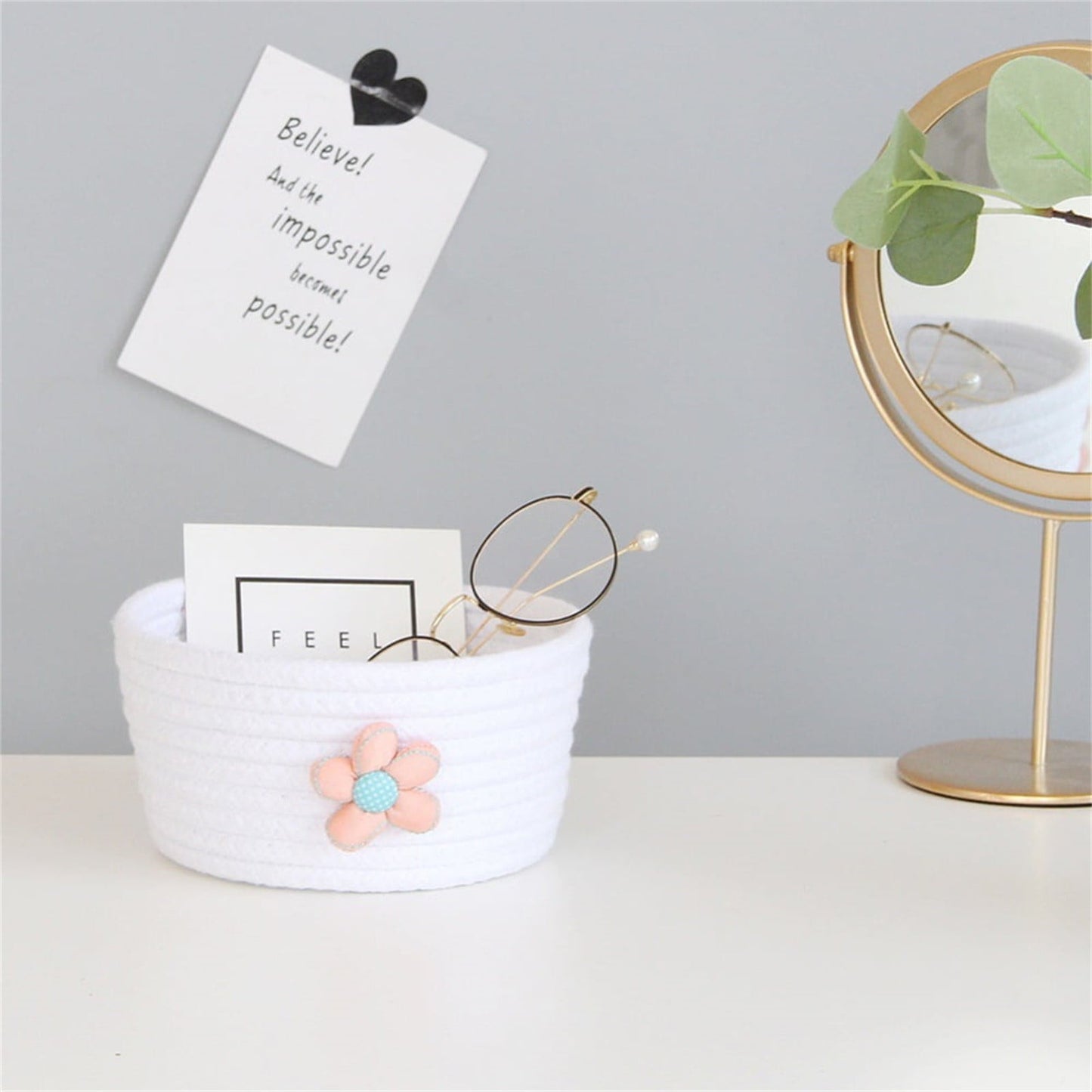 Small Woven Storage Baskets ,Cotton Rope Woven Rattan Baskets,Shelf Toy Basket,Closet Organizer Bins,Small Storage Baskets for OrganizingShallow Basket,Tiny Oval Shallow Baskets,6.3x3.15" White