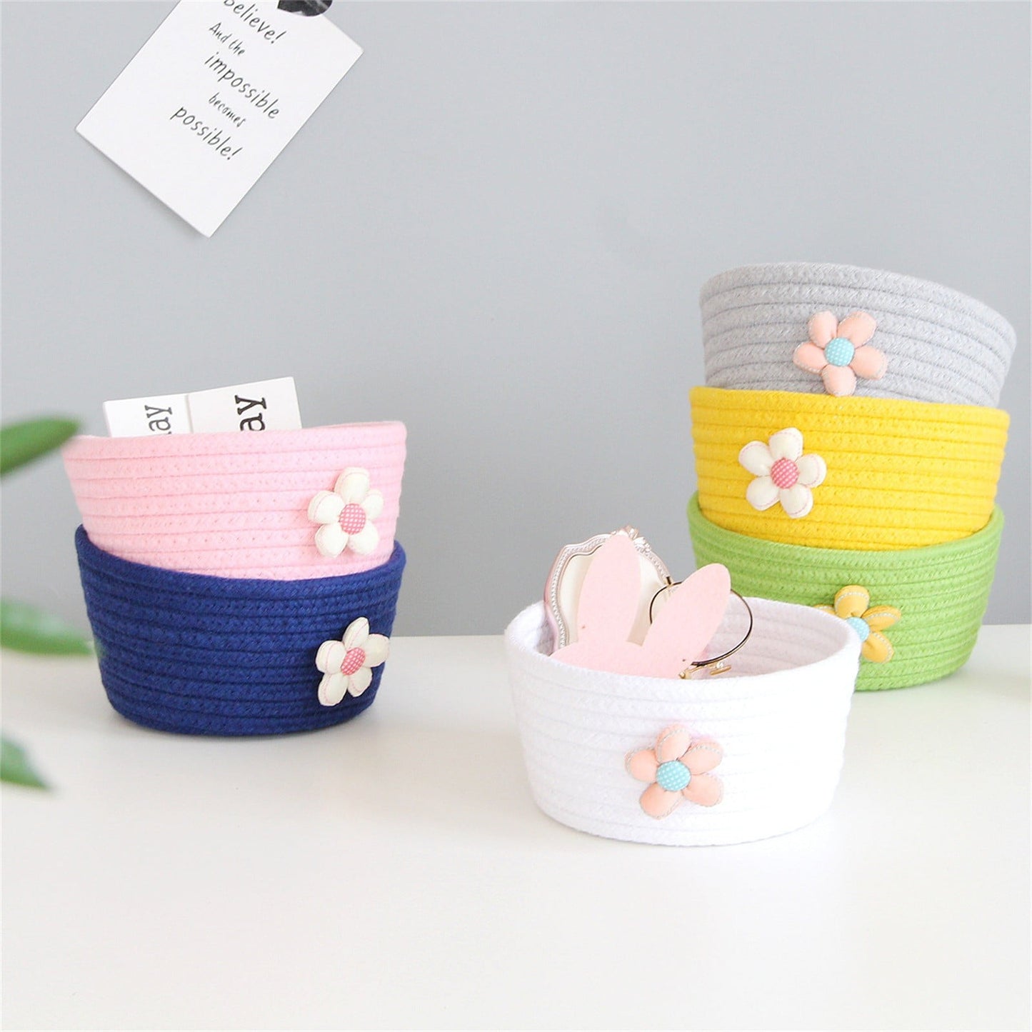 Small Woven Storage Baskets ,Cotton Rope Woven Rattan Baskets,Shelf Toy Basket,Closet Organizer Bins,Small Storage Baskets for OrganizingShallow Basket,Tiny Oval Shallow Baskets,6.3x3.15",White Yellow