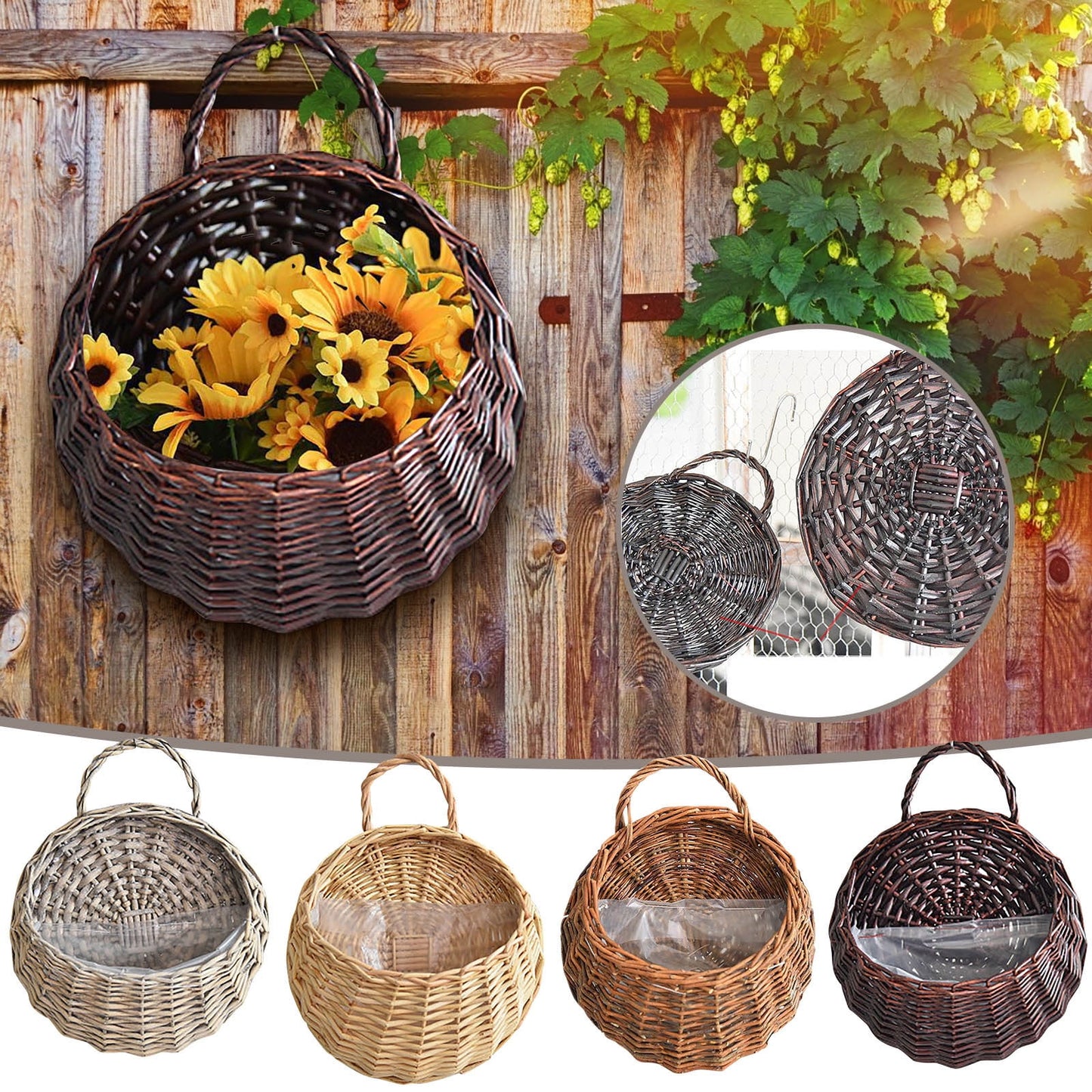 Wicker Storage Basket with Handles,Wall Pot Hanging Basket Storage Small Wicker Basket, Woven Handmade Basket Basket Flower Patio & Garden,Handwoven Craft,Leak Proof Lining,6.3x8.27' Beige