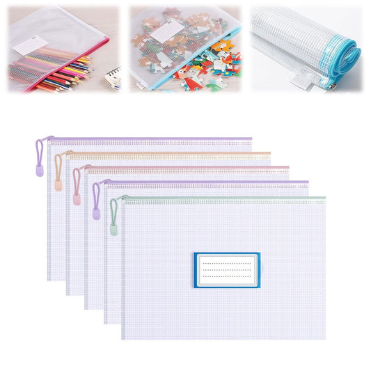 Zipper Mesh Document Pouch, 13.39x9.06 Inch/A4, Plastic Water-Resistant File Bags, for Office Supplies, Cosmetics Travel Storage, Assorted Color, 10 Pcs, 5 Color 12.99x9.25" Blue