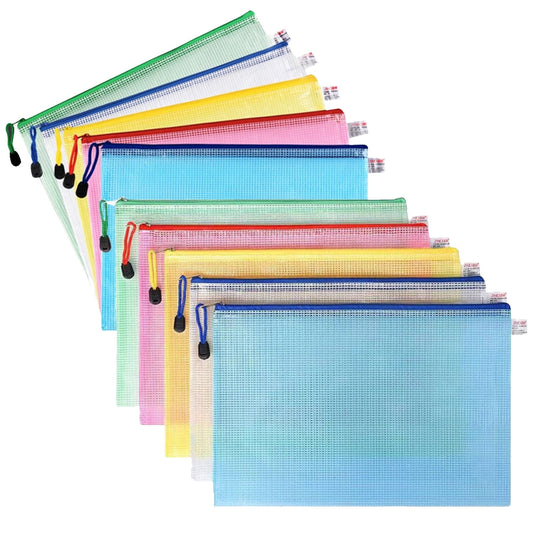 Zipper Mesh Document Pouch, 13.39x9.06 Inch/A4, Plastic Water-Resistant File Bags, for Office Supplies, Cosmetics Travel Storage, Assorted Color, 10 Pcs, 5 Color 13.39x9.06" White