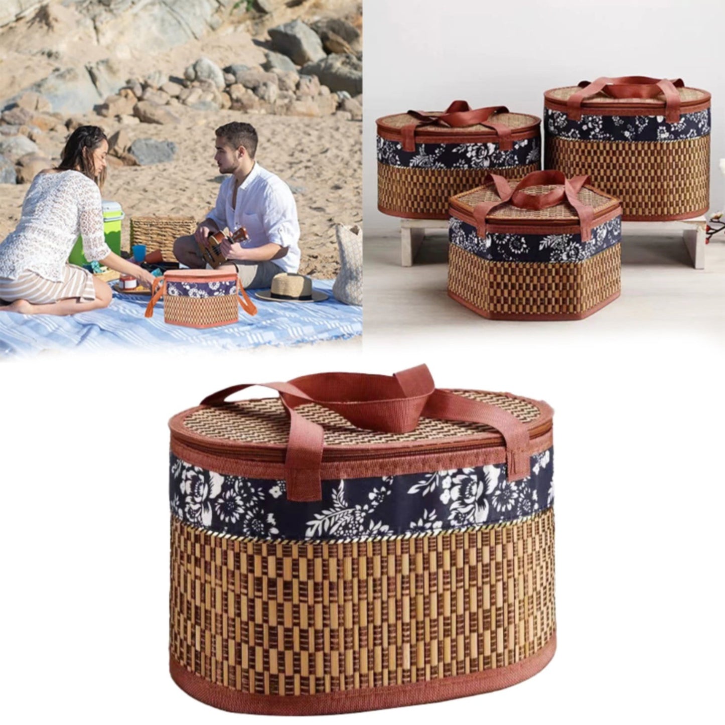 Wicker Basket with Lid,Wicker Picnic Basket with Double Handles,Woven Picnic Storage Rattan Wicker Egg Serving Gift Baskets Food Vintage Organizer Fruit Lid Hyacinth Medium Wicker Basket Brown