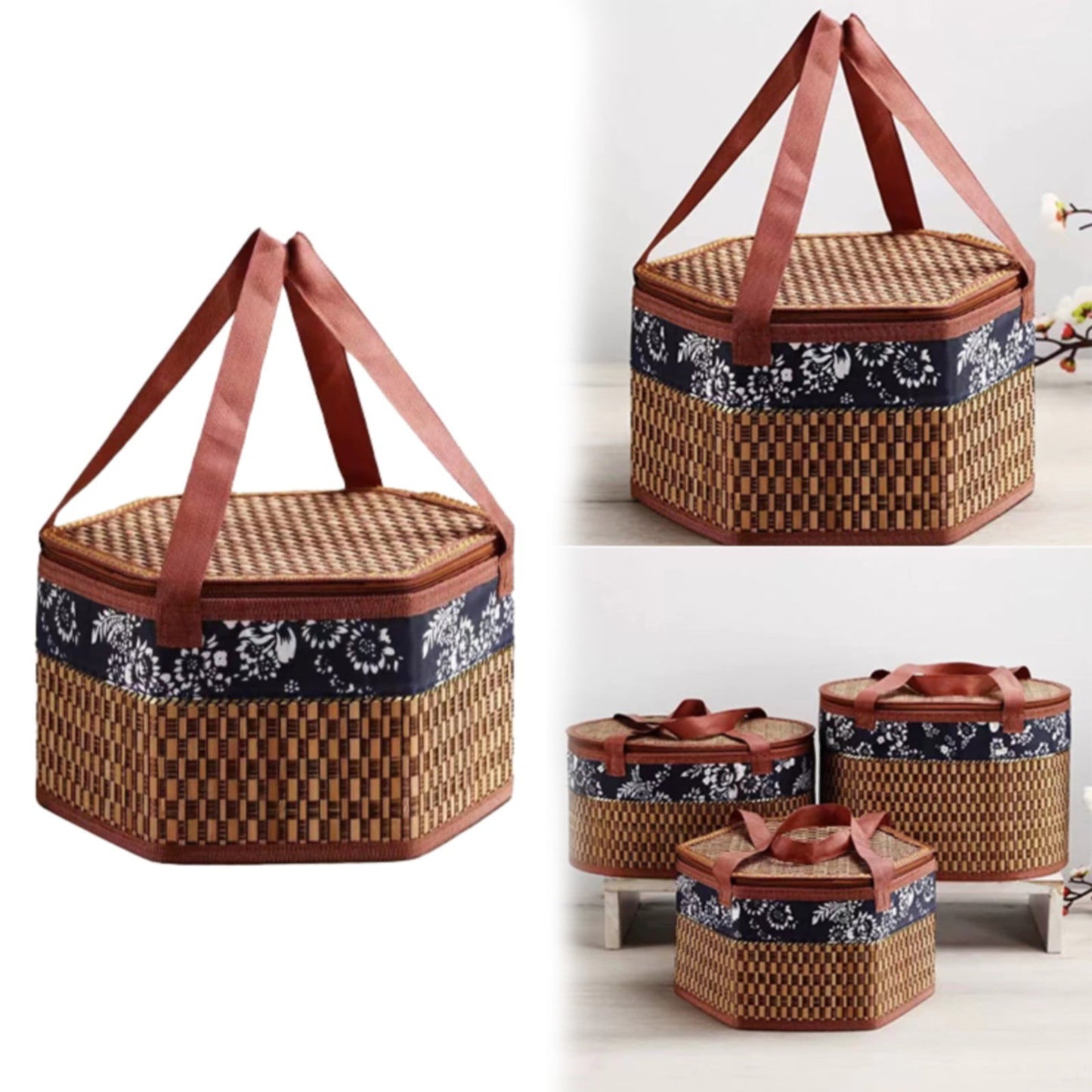 Wicker Basket with Lid,Wicker Picnic Basket with Double Handles,Woven Picnic Storage Rattan Wicker Egg Serving Gift Baskets Food Vintage Organizer Fruit Lid Hyacinth Medium Wicker Basket,Brown Khaki