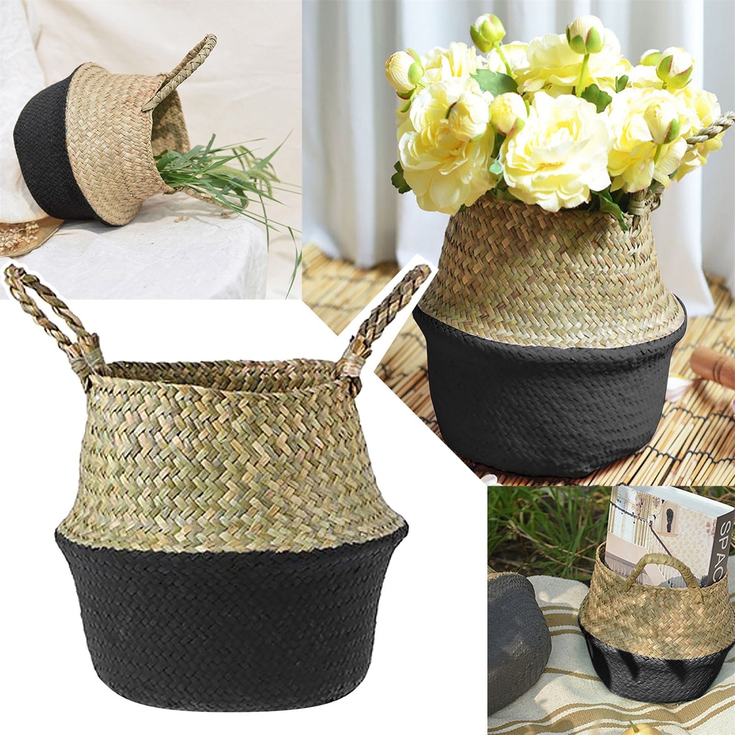 Seagrass Wicker Basket Flower Pot Folding Basket,3 Size Seagrass Handmade Decorative and Functional Storage Basket,Wicker Picnic Basket with Double Handles,Basket for Storage,10.2x12.6 7.9x8.7"