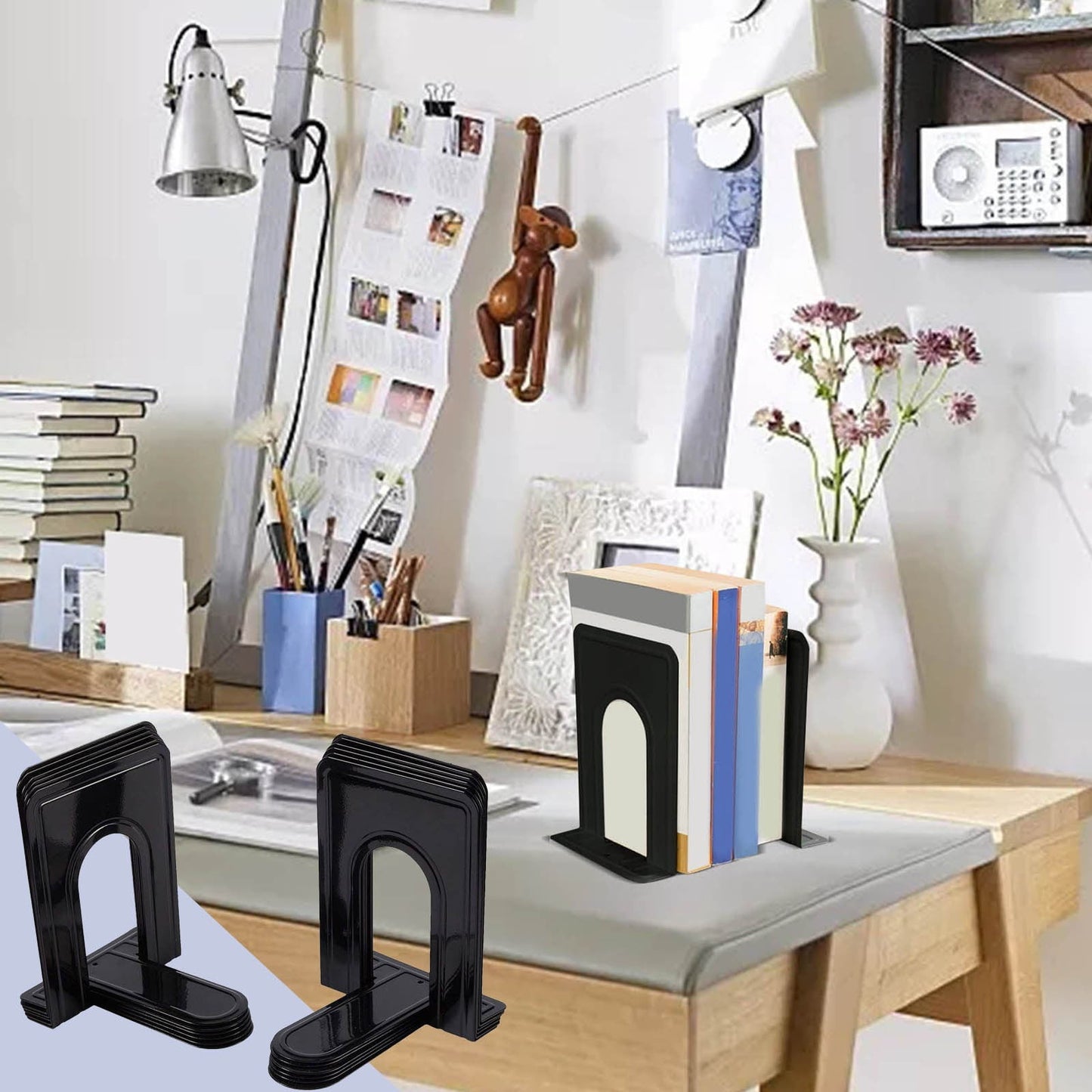 Non-Slip Bookends, Acrylic Book Ends for Shelves Clear Decorative Bookends Non-Skid Heavy Duty Bookend Book Holders/Stoppers (2 Pair/4 Pieces) 5x5x7.3 5.83x4.96x6.69" Black