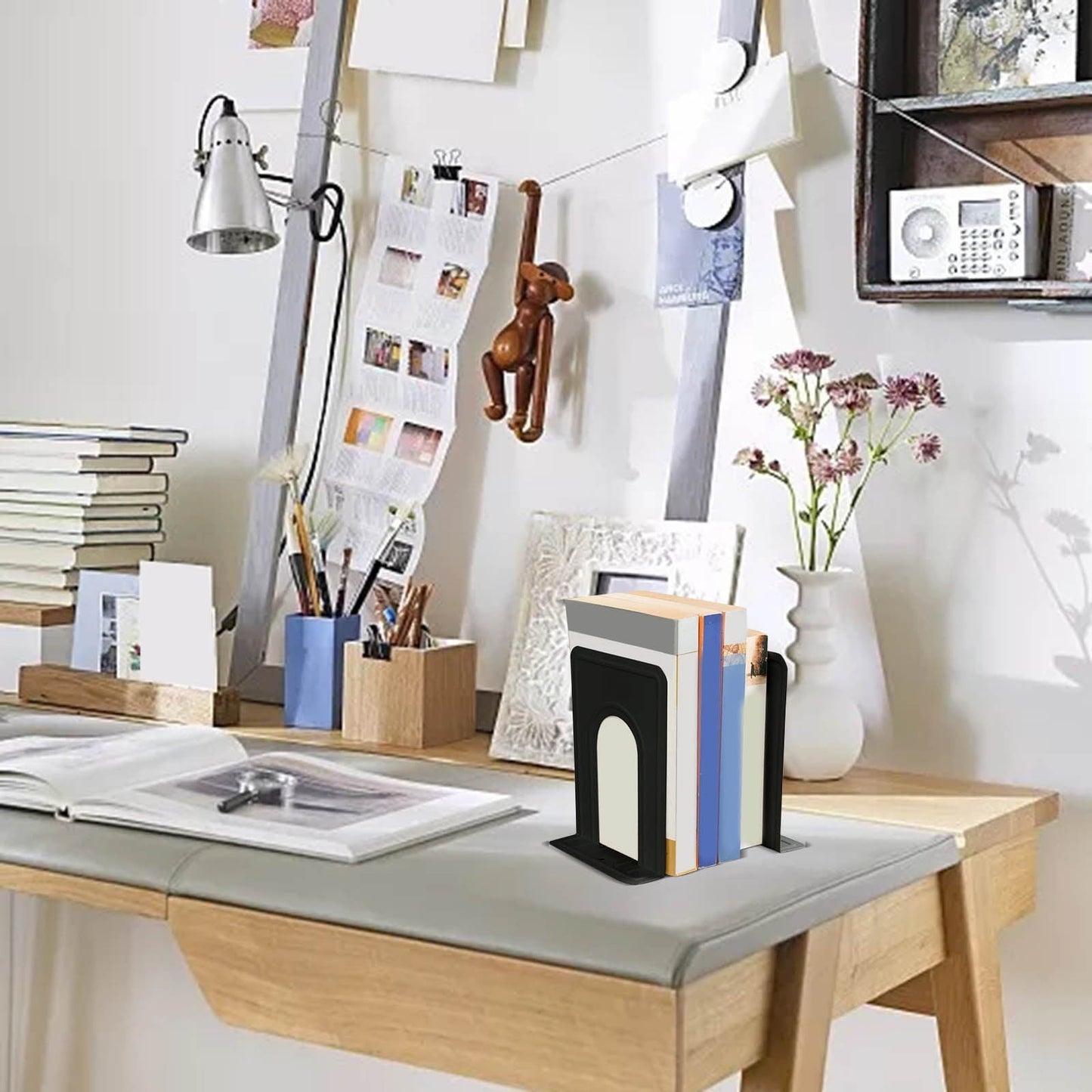 Non-Slip Bookends, Acrylic Book Ends for Shelves Clear Decorative Bookends Non-Skid Heavy Duty Bookend Book Holders/Stoppers (2 Pair/4 Pieces) 5x5x7.3 5.83x4.96x6.69" Black