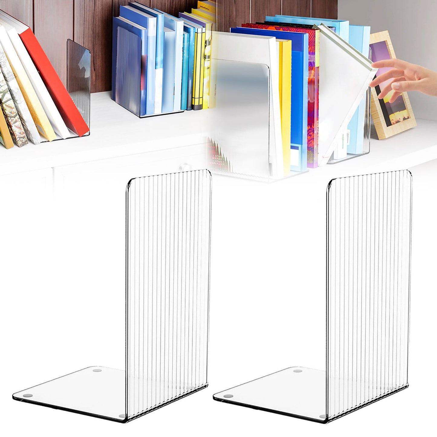 Non-Slip Bookends, Acrylic Book Ends for Shelves Clear Decorative Bookends Non-Skid Heavy Duty Bookend Book Holders/Stoppers (2 Pair/4 Pieces) 5x5x7.3 4.7x4.7x7.3" Clear*2