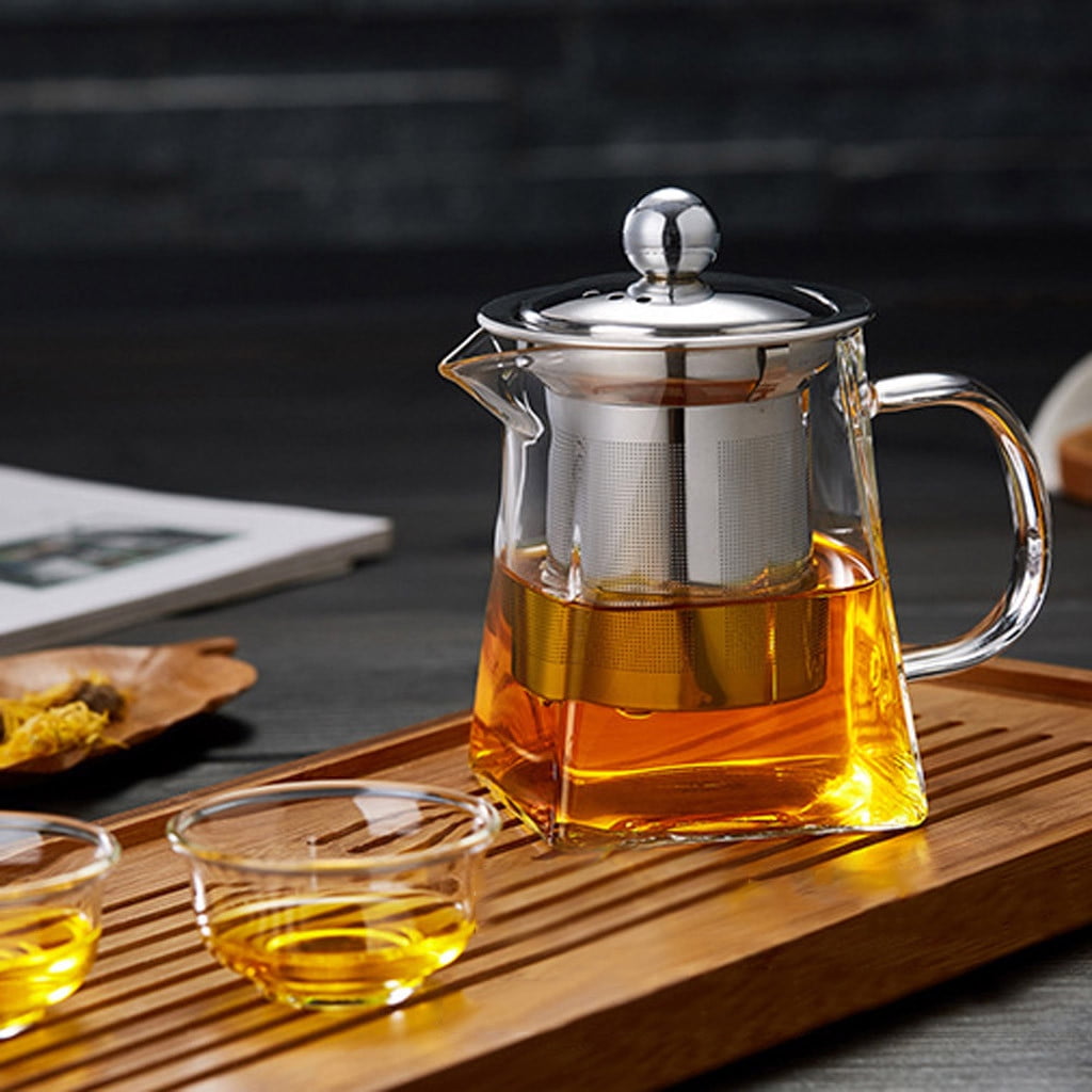 Glass Teapot with Stainless Steel Infuser & Lid, Borosilicate Glass Tea Kettle Stovetop Safe, Blooming & Loose Leaf Teapot,Glass Square Pot (350ML/12oz) 350ML/12oz Clear