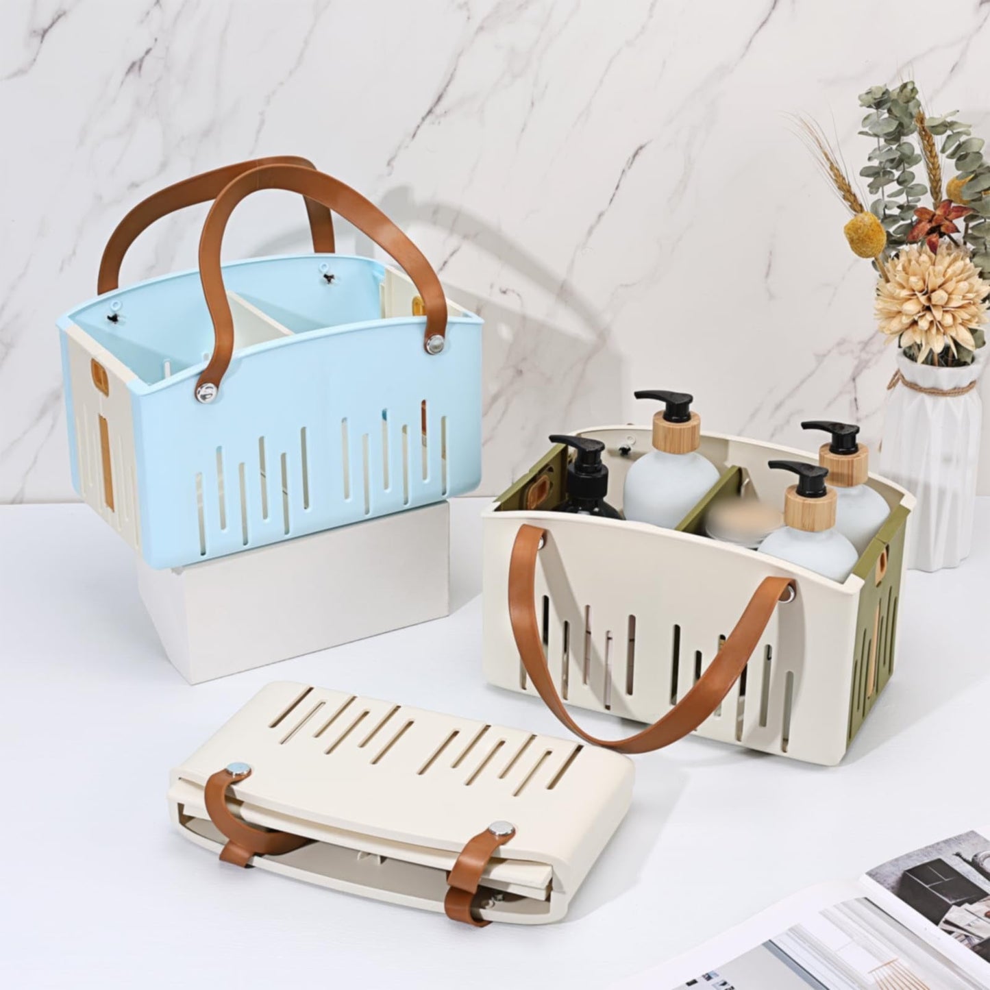 Cotton Woven Basket with PU Leather Handle, Clothes Toys Candy Gifts Cotton Rope Organizer, Living Room Basket Bathroom Shower Storage Laundry Basket, Dog Cat Bed, Fall Basket, 11.02x8.66x4.33 11.02" x 7.09" x 6.5" White