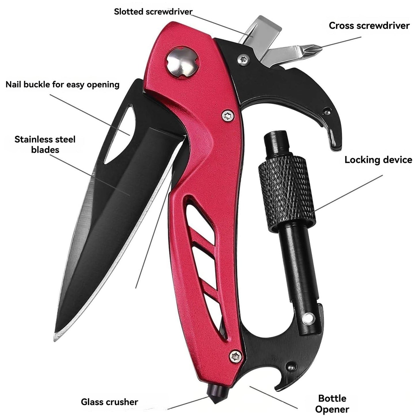 Portable 2-in-1 Multifunctional Folding Pocket Knife,All-in-One Outdoor Portable Multifunctional Red Folding Pocket Tool Multiple Functions Tool with Bottle Opener, Window Breaker Screwdriver,Red Pink