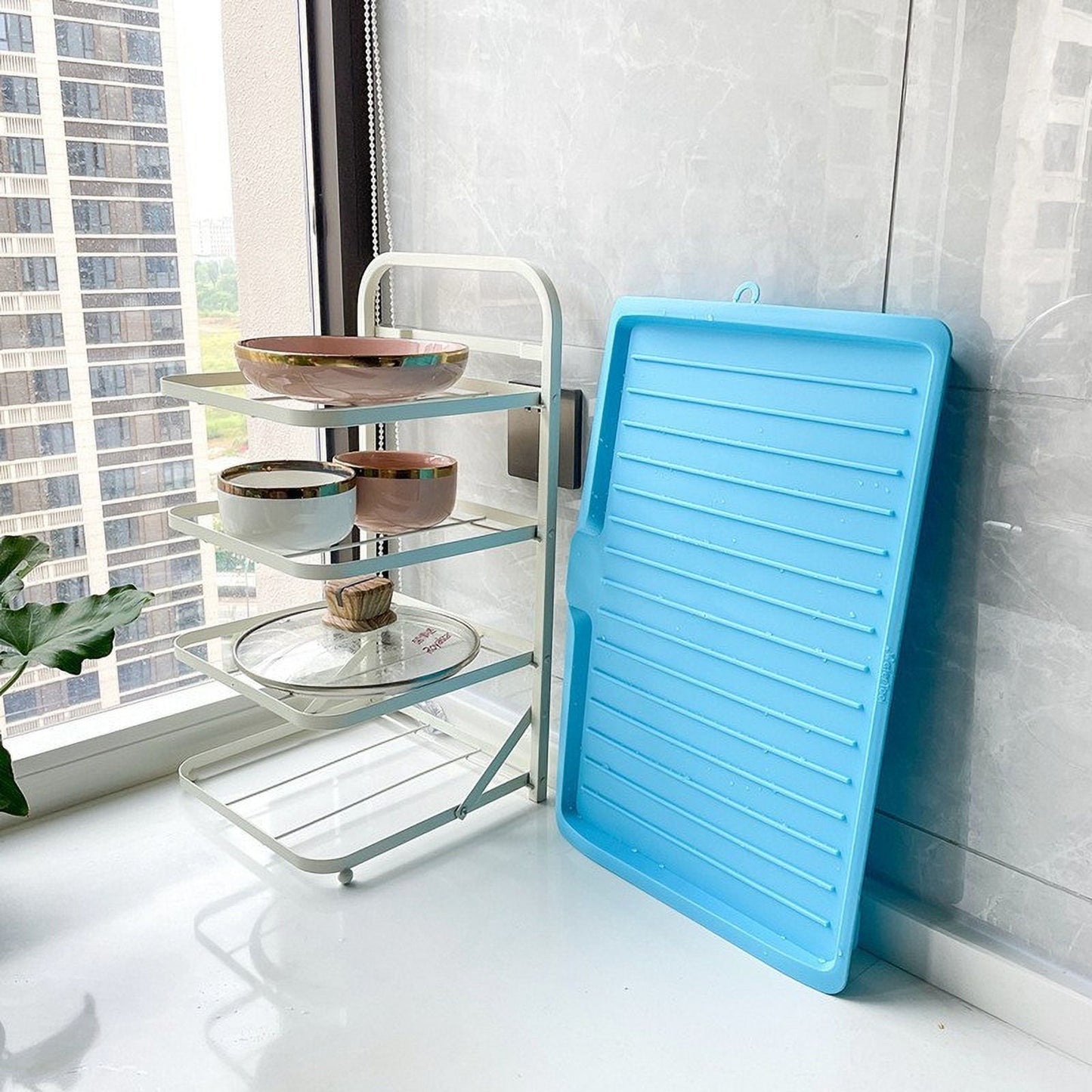 Large Rectangular Kitchen Drying Tray with Drain Holes,Sturdy Plastic for Fruit,Vegetable,and Dish Drainage,Space-Saving Design for Countertop Organization,Keeps Surfaces Dry and Tidy. White