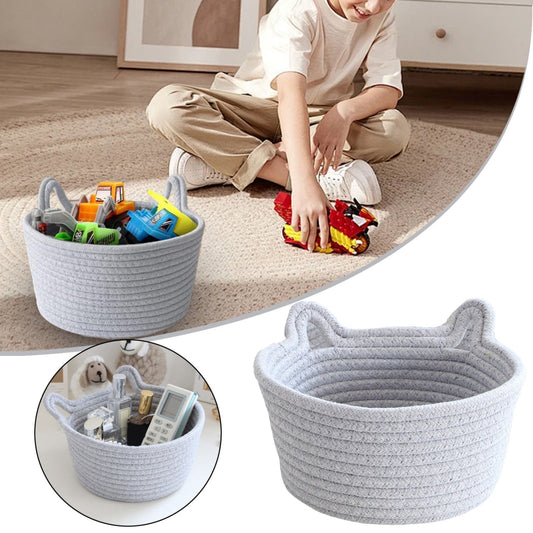 Small Cat Ears Toy Organizer, Woven Cotton Rope Basket, Decorative Nursery Bins & Boxes Gift Basket Empty for Pet Toy Storage, 1 Pcs, 7.8x3.93 8.66" x 5.91" x 5.51" Grey