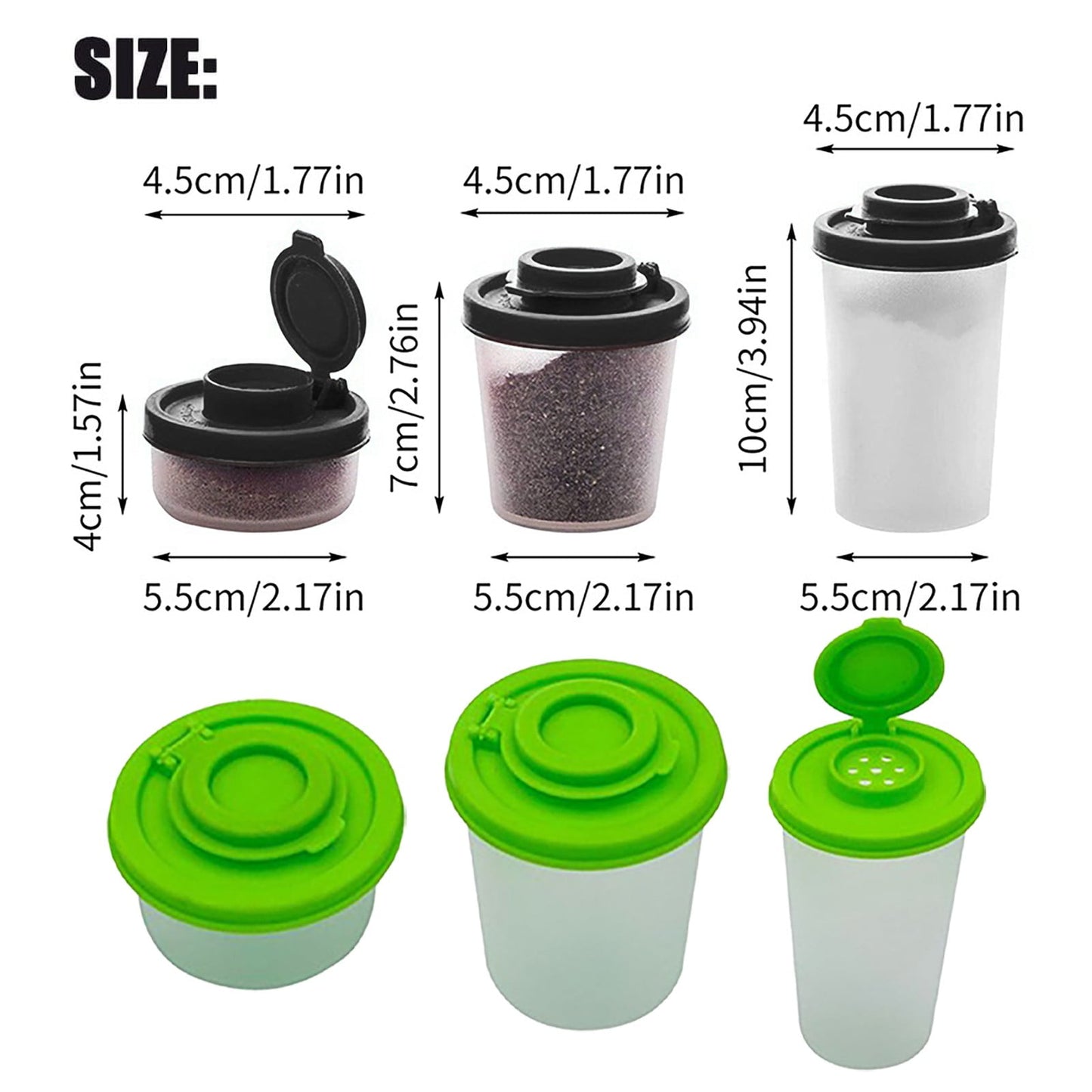 Salt And Pepper Shakers Moisture Proof ,Clear Plastic Condiment Bottles ,Salt Shaker For Camping Picnic Outdoors Kitchen Travel Spice Clear With Covers Lids Plastic Airtight Dispenser,Black 2.17" x 3.94" x 1.77" Green