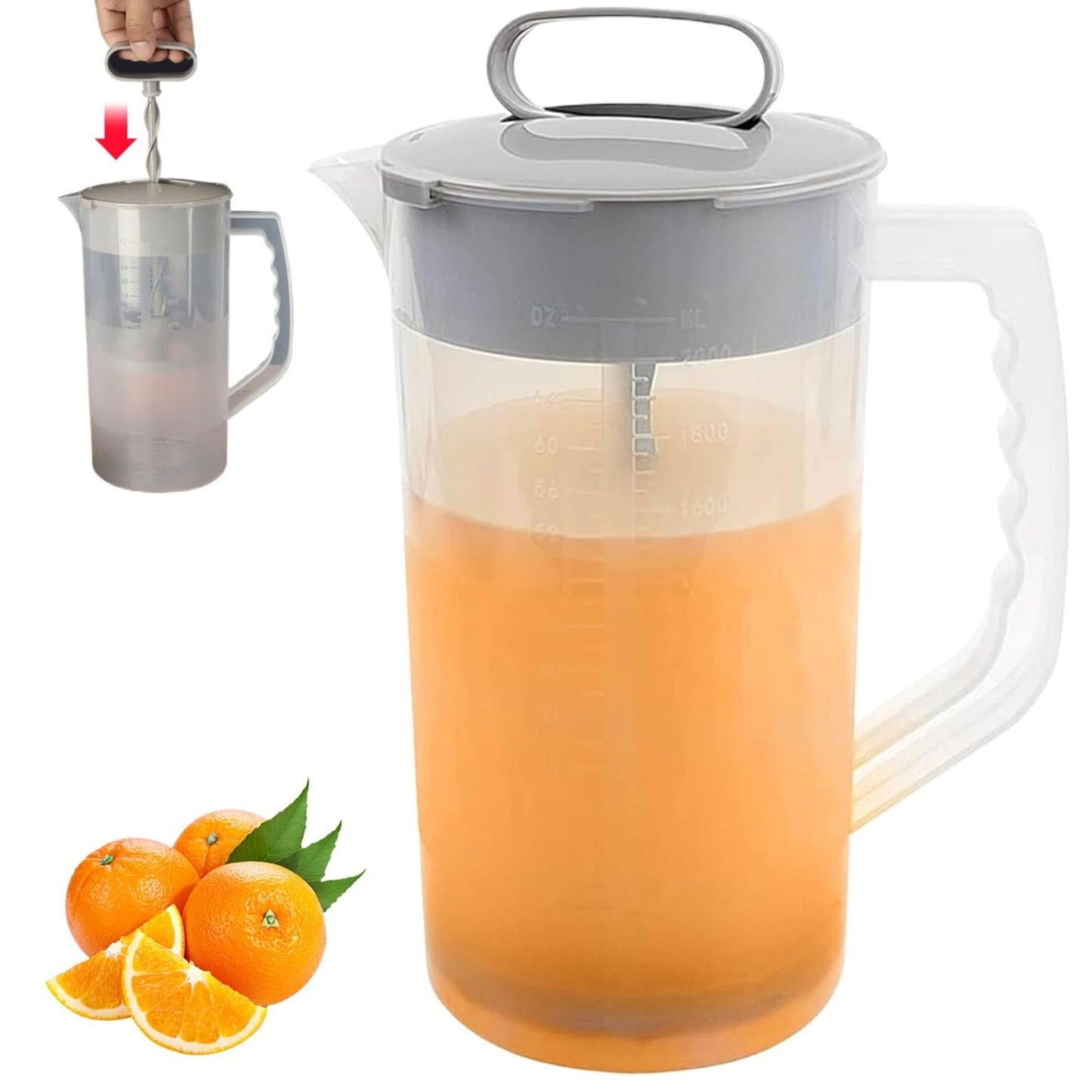 Mixing Pitcher For Drinks, 68 Oz Plastic Water Pitcher With Lid,Mixing Pitcher With Lid Drink Containers,Angled Plastic Blades And Adjustable Mixer Plunger For Juice, Powdered Milk 68 Oz
