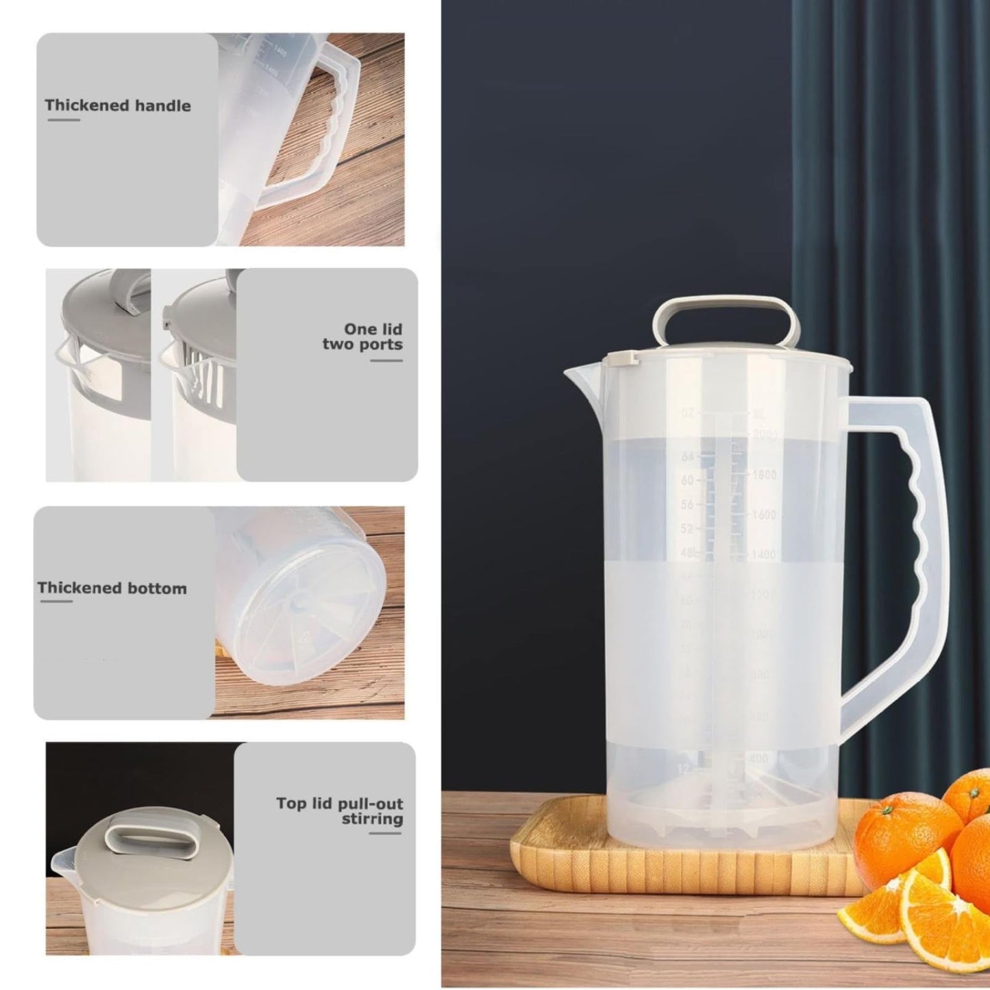 Mixing Pitcher For Drinks, 68 Oz Plastic Water Pitcher With Lid,Mixing Pitcher With Lid Drink Containers,Angled Plastic Blades And Adjustable Mixer Plunger For Juice, Powdered Milk 68 Oz
