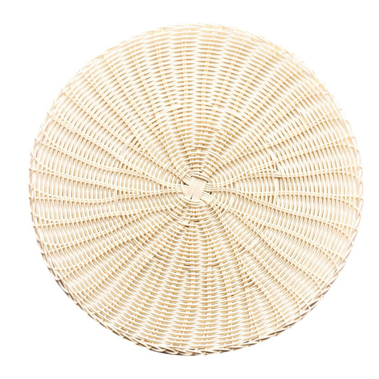 14 Inch Round Woven Placemats, Non Slip Heat Resistant Plastic Table Mats,Table Placemat For Household Use,Round Rattan Placemats Braided Cup Coasters For Drink Kitchen Dining Table Decoration,Brown White