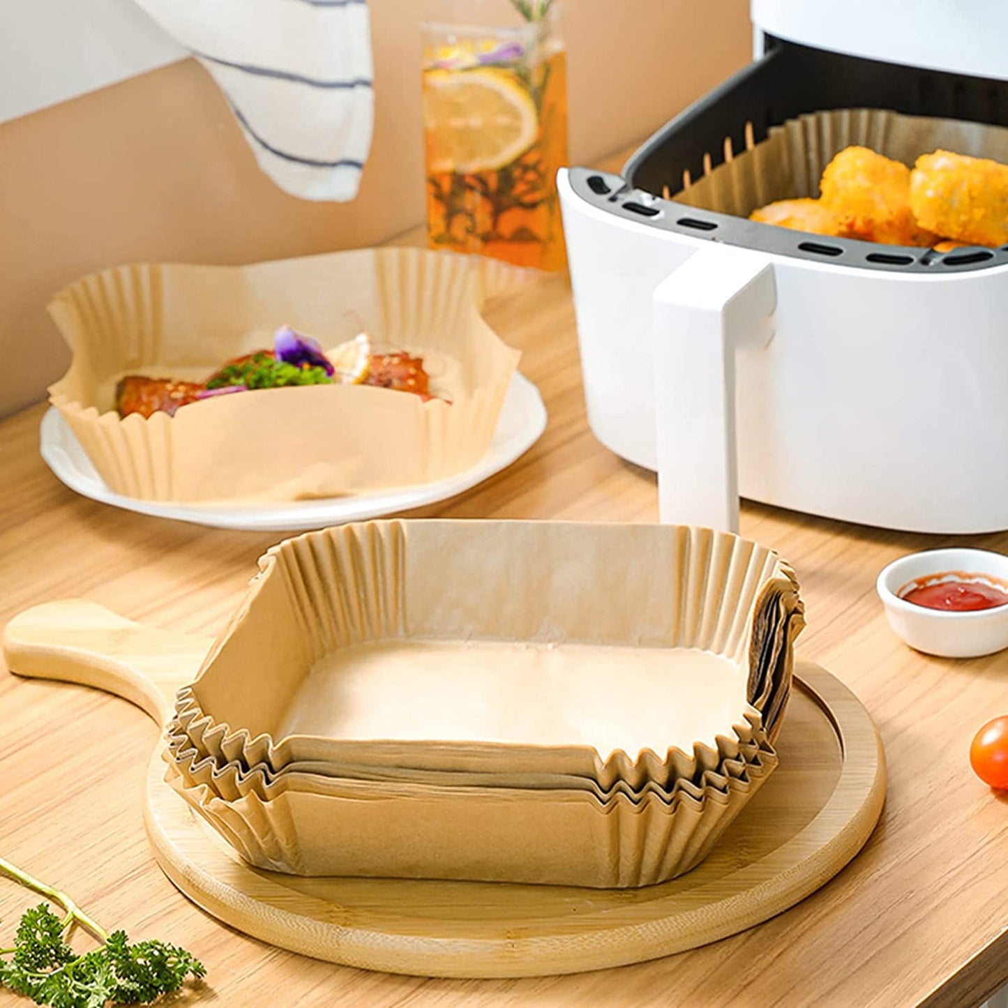 10/30/50/100 Pcs Air Fryer Disposable Paper Liners,8In Unbleached Square Parchment Paper Non-Stick Airfryer Basket Liners For Steamer Microwave Oven, Deep Fryer Parts & Accessories,(A,10PCS) 30PCS A