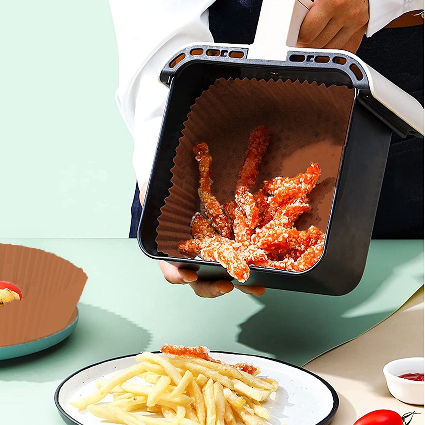 10/30/50/100 Pcs Air Fryer Disposable Paper Liners,8In Unbleached Square Parchment Paper Non-Stick Airfryer Basket Liners For Steamer Microwave Oven, Deep Fryer Parts & Accessories,(A,10PCS) 100PCS A