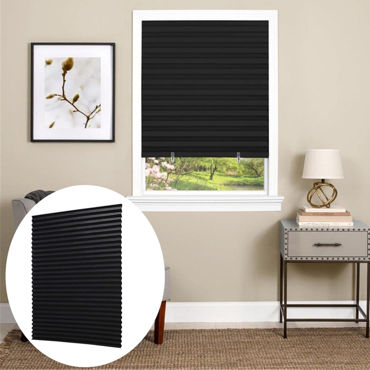 Window Blinds Cordless Blackout, No Drill Cut to Size Clip On Stick On Self Adhesive Temporary Blinds Pleated Paper Blinds Fits Blinds Window Roller for Bathroom Kitchen Living Room(Black90x150cm) Black90x150cm