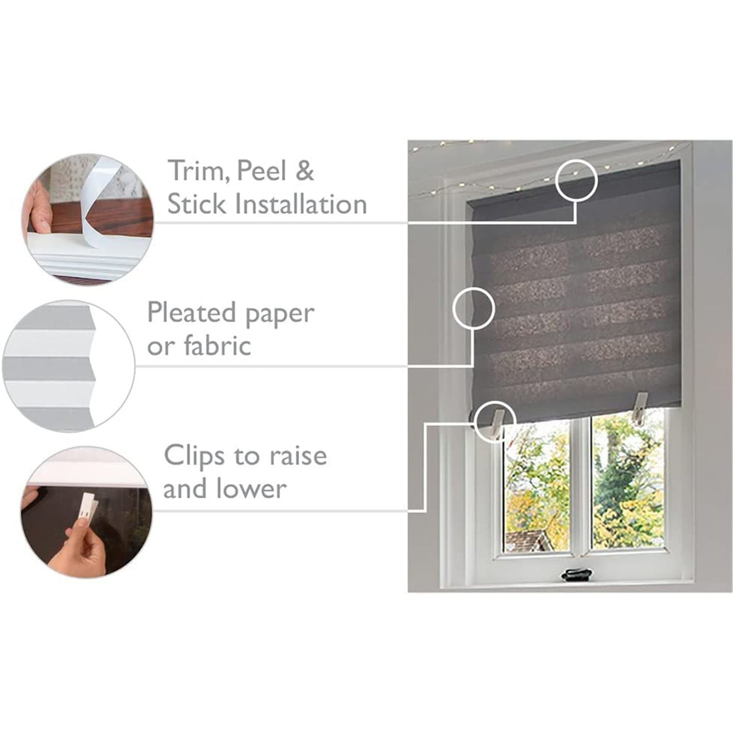 Window Blinds Cordless Blackout, No Drill Cut to Size Clip On Stick On Self Adhesive Temporary Blinds Pleated Paper Blinds Fits Blinds Window Roller for Bathroom Kitchen Living Room(Black90x150cm) White60x150cm(2pc)