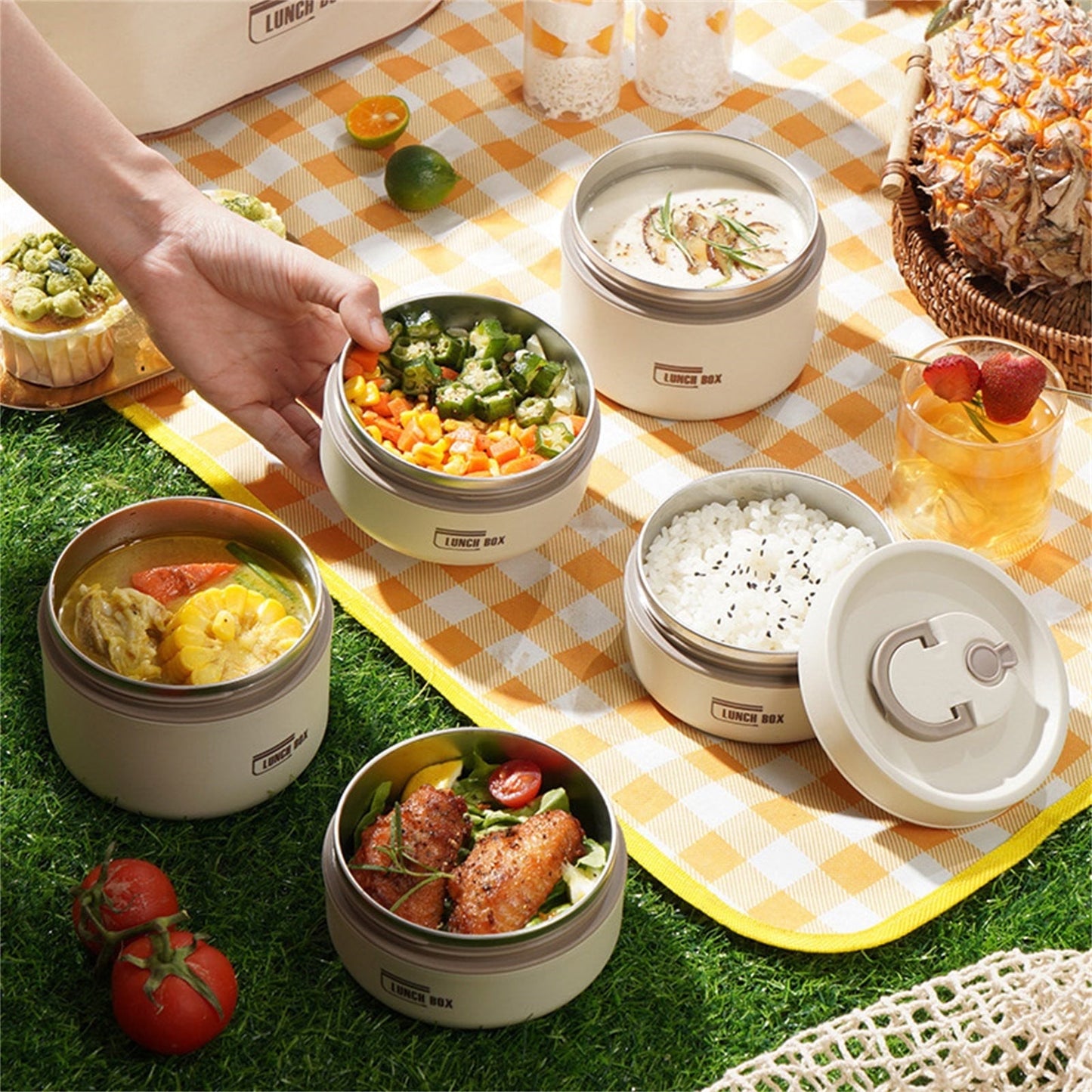 Insulated Lunch Box,Thermo Food Jar for Hot Food,Lunch Containers Wide Mouth Vacuum Insulated Stainless Steel Leakproof Lunch Box,Portable Stainless Steel Food Container,Thermal Food Container,Brown 420ML(2PCS)+620ML(1PCS) Beige