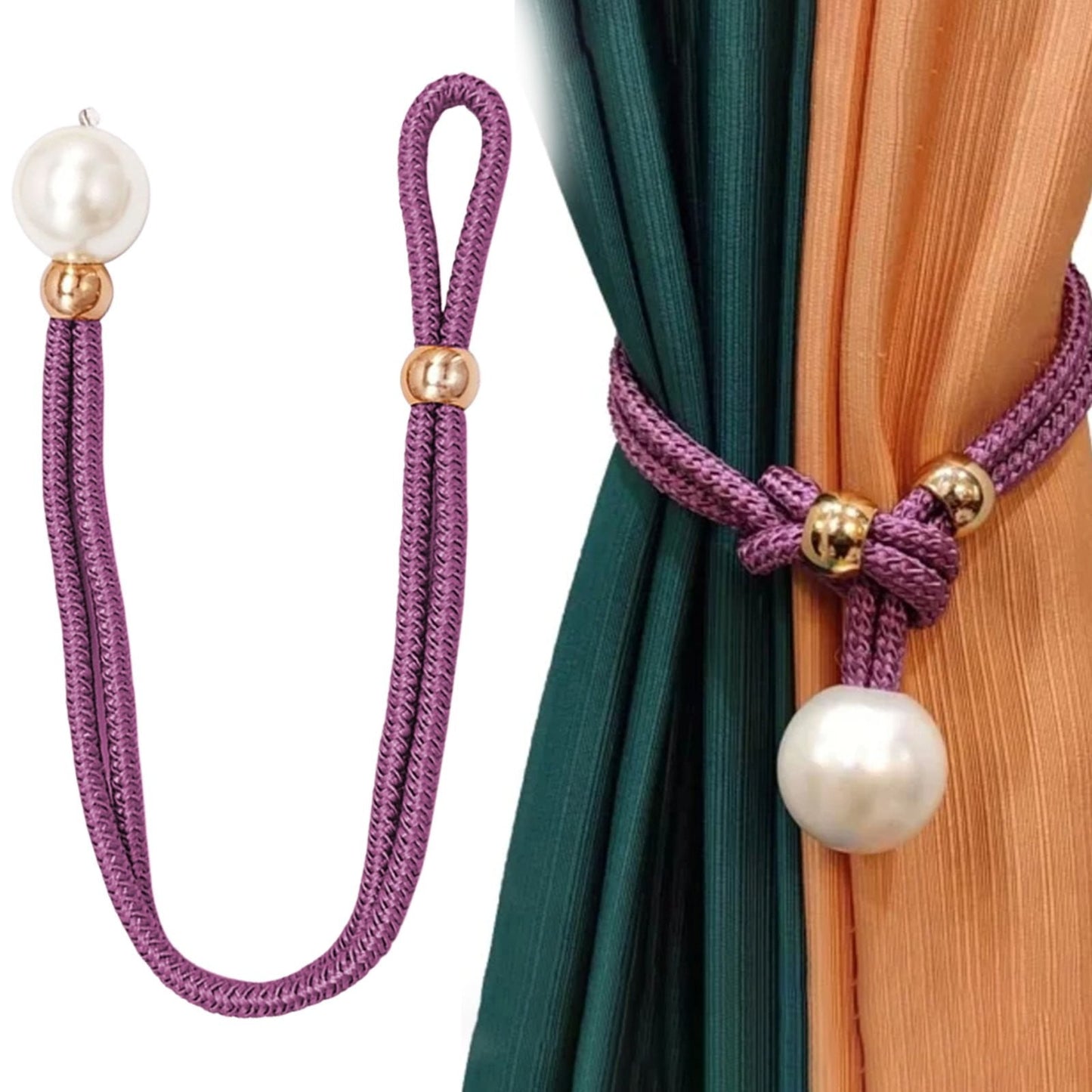 Adjustable Big Pearl Curtain Tiebacks, Hand Woven Curtain TieBack, Decorative Rope Holdbacks for Curtains, Curtain Ties for Home Bedroom Decorative Curtain, 1 Pcs, 21.56x1.57 21.56" x 1.57" Green