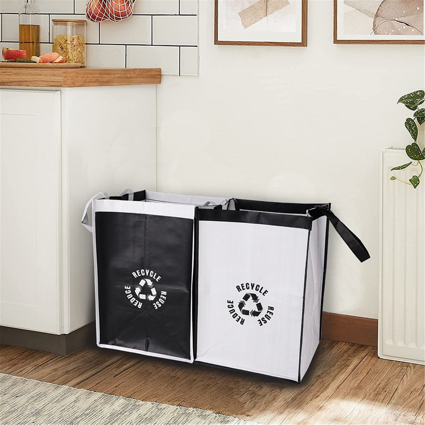 2 Pcs Separate Recycling Waste Bags,Recycle Waste Bag for Kitchen Home,Recycling Organizer,Reusable Recycling Bags,Indoor Recycling Trash Sorting Organizer,Reusable And Waterproof,(D,12x12x17 in) D