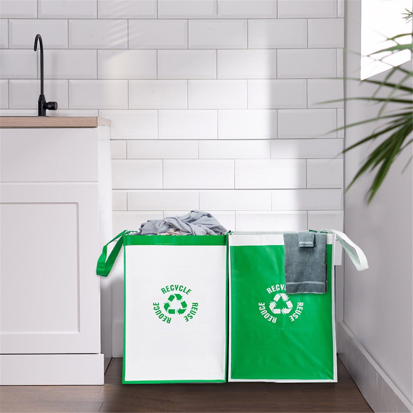 2 Pcs Separate Recycling Waste Bags,Recycle Waste Bag for Kitchen Home,Recycling Organizer,Reusable Recycling Bags,Indoor Recycling Trash Sorting Organizer,Reusable And Waterproof,(D,12x12x17 in) D