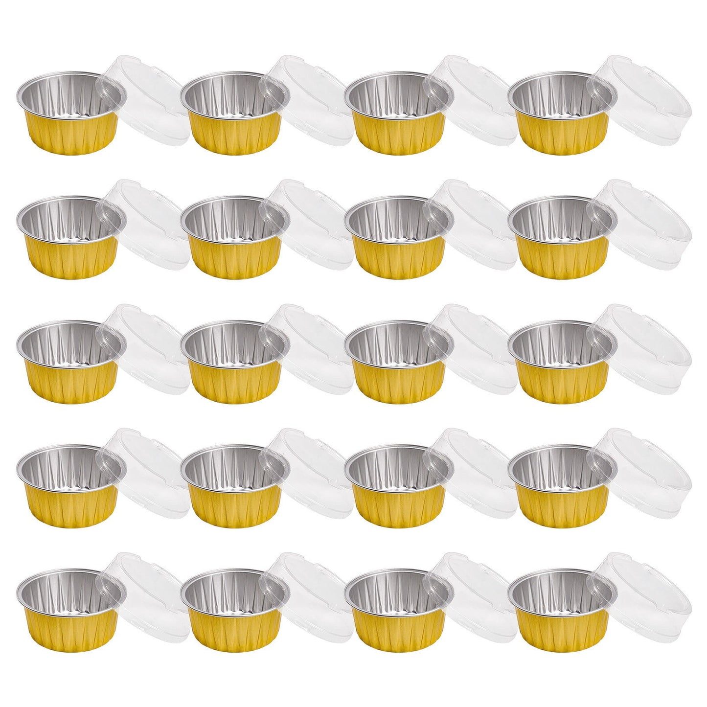 Aluminum Foil Baking Cups with Lids,20pcs Round Pudding and Cake Molds,Heat-Resistant Up to 250°C,Reusable for Oven,Microwave,and BBQ,Ideal for Parties,Catering,and Home Baking Yellow