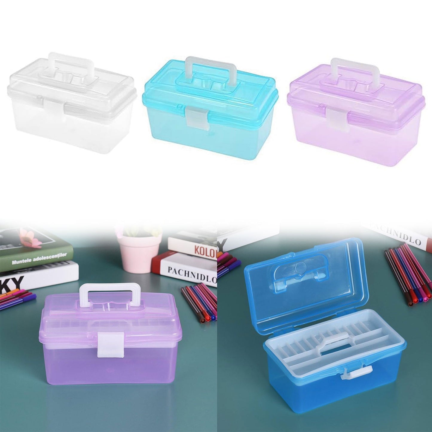 Transparent Storage Box, Clear Storage Latch Box Plastic Container Plastic Carrying Case with Handle and Latches for Home Desktop, 1 Pcs, 7.68x4.13x4.33 7.87" x 4.72" x 4.13" Green*1+Purple*1