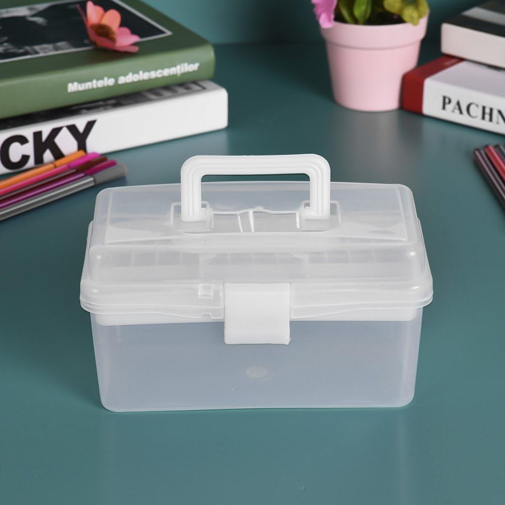 Transparent Storage Box, Clear Storage Latch Box Plastic Container Plastic Carrying Case with Handle and Latches for Home Desktop, 1 Pcs, 7.68x4.13x4.33 7.87" x 4.72" x 4.13" Green*1+Purple*1
