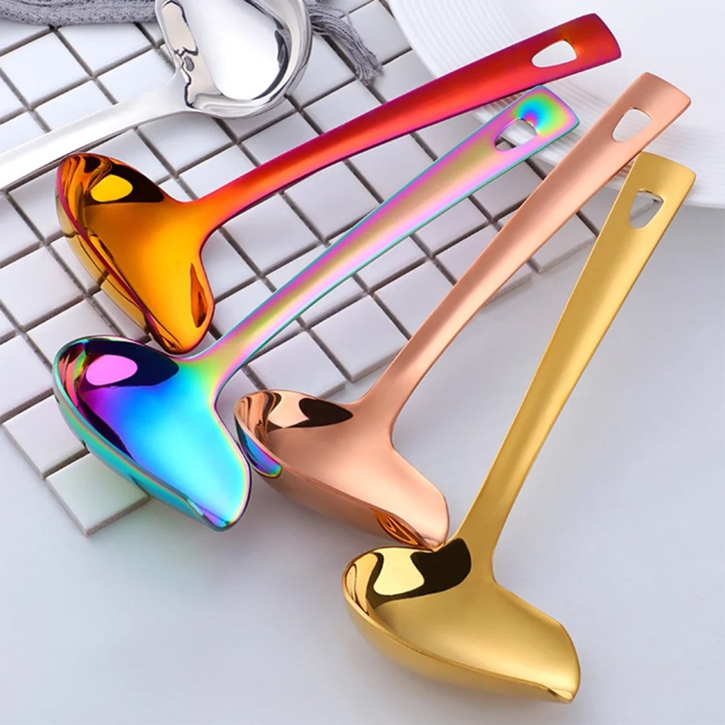 1 Pcs Small Soup Ladle,Stainless Steel Small Ladle With Pour Spout,9.45 Inch Soup Spoons,Kitchen Soup Laddle,Metal Spoon For Soups, Serving, Cooking, Stews And More,Kitchen Utensil,Z_Silver Gold