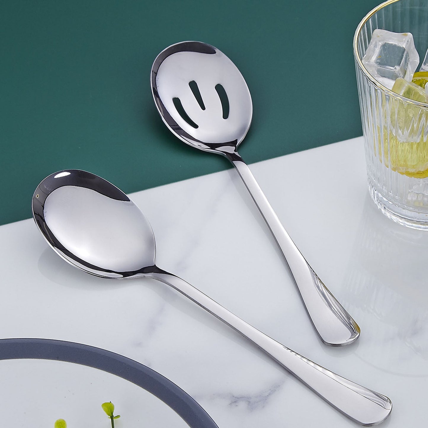 Serving Spoon Set, Stainless Steel Buffet Serving Spoons Set, Includes 3 Serving Spoons and 1 Slotted Spoons, Large Cutlery for Catering Buffet, Mirror Polished, Dishwasher Safe, Set of 4 Multisize Silver*4