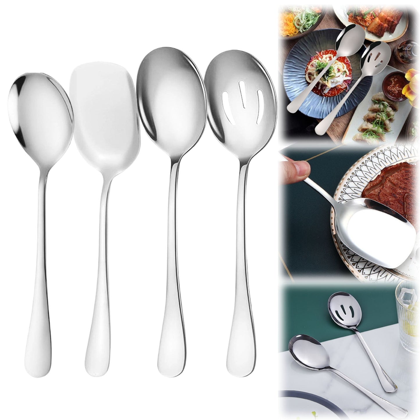 Serving Spoon Set, Stainless Steel Buffet Serving Spoons Set, Includes 3 Serving Spoons and 1 Slotted Spoons, Large Cutlery for Catering Buffet, Mirror Polished, Dishwasher Safe, Set of 4 Multisize Silver*4