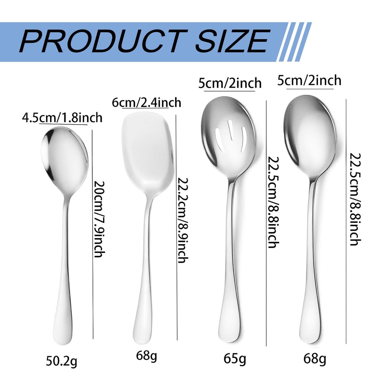 Serving Spoon Set, Stainless Steel Buffet Serving Spoons Set, Includes 3 Serving Spoons and 1 Slotted Spoons, Large Cutlery for Catering Buffet, Mirror Polished, Dishwasher Safe, Set of 4 Multisize Silver*4