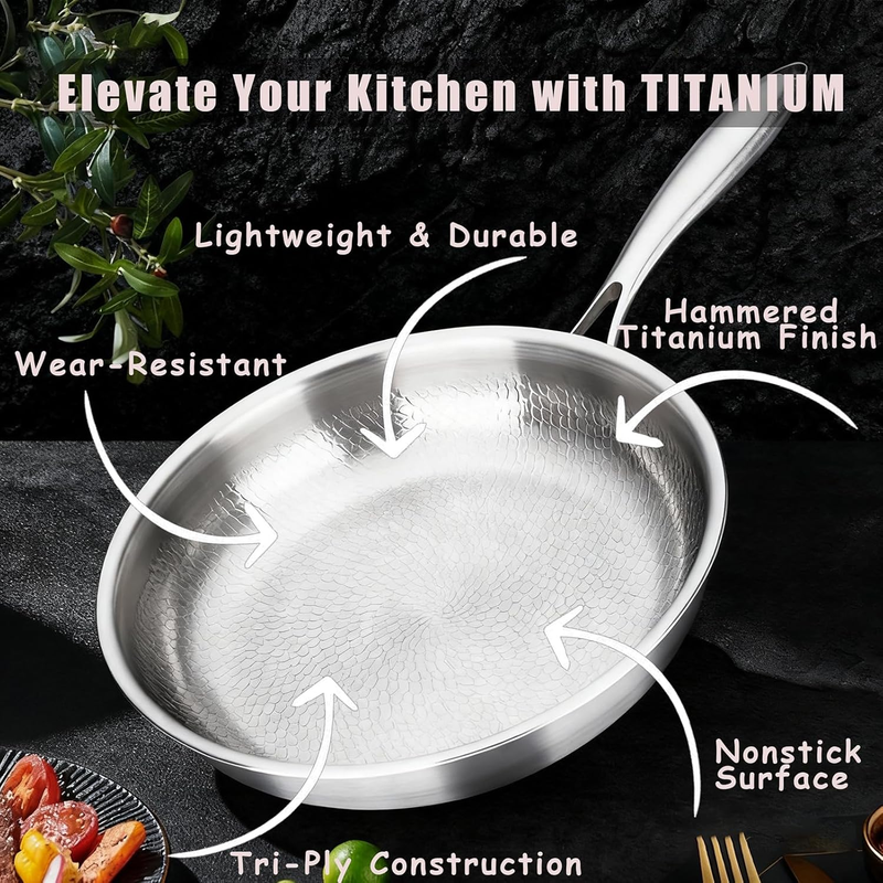 Titanium Pan,100% Non-toxic Titanium Pan,Non Stick Chemical-Free,Extreme Heat-Resistant & Lasts a Lifetime,Non-Stick Skillet for Home Use, Induction Cooktops And Gas Stoves for Omelettes Steaks 28cm