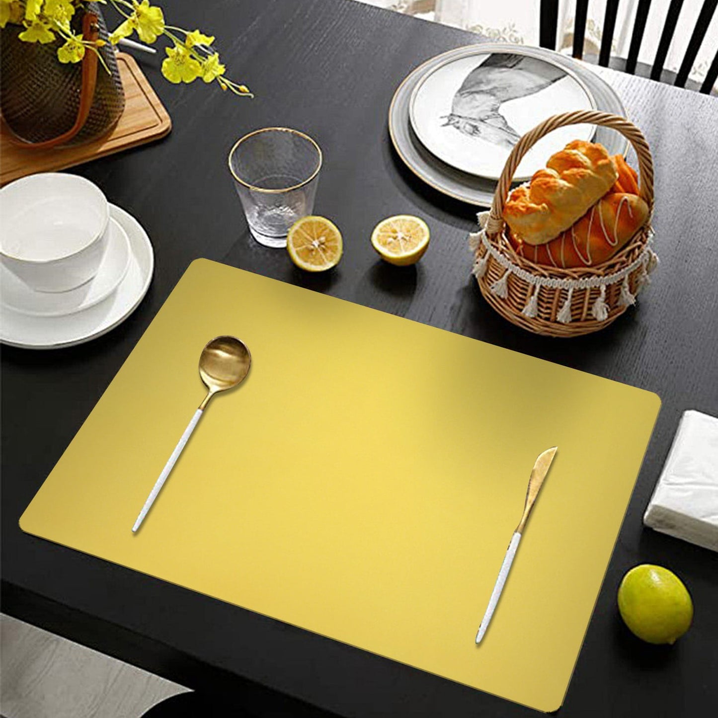 1 Pcs Placemats,Plastic Table Mats,16.93X11.81 Inch Rectangle Heat-Resistant Place Mat,Water-Proof Non-Slip Dining Table Mats,Wipeable Washable Placemats,Place Mats For Kitchen Table,Yellow Black