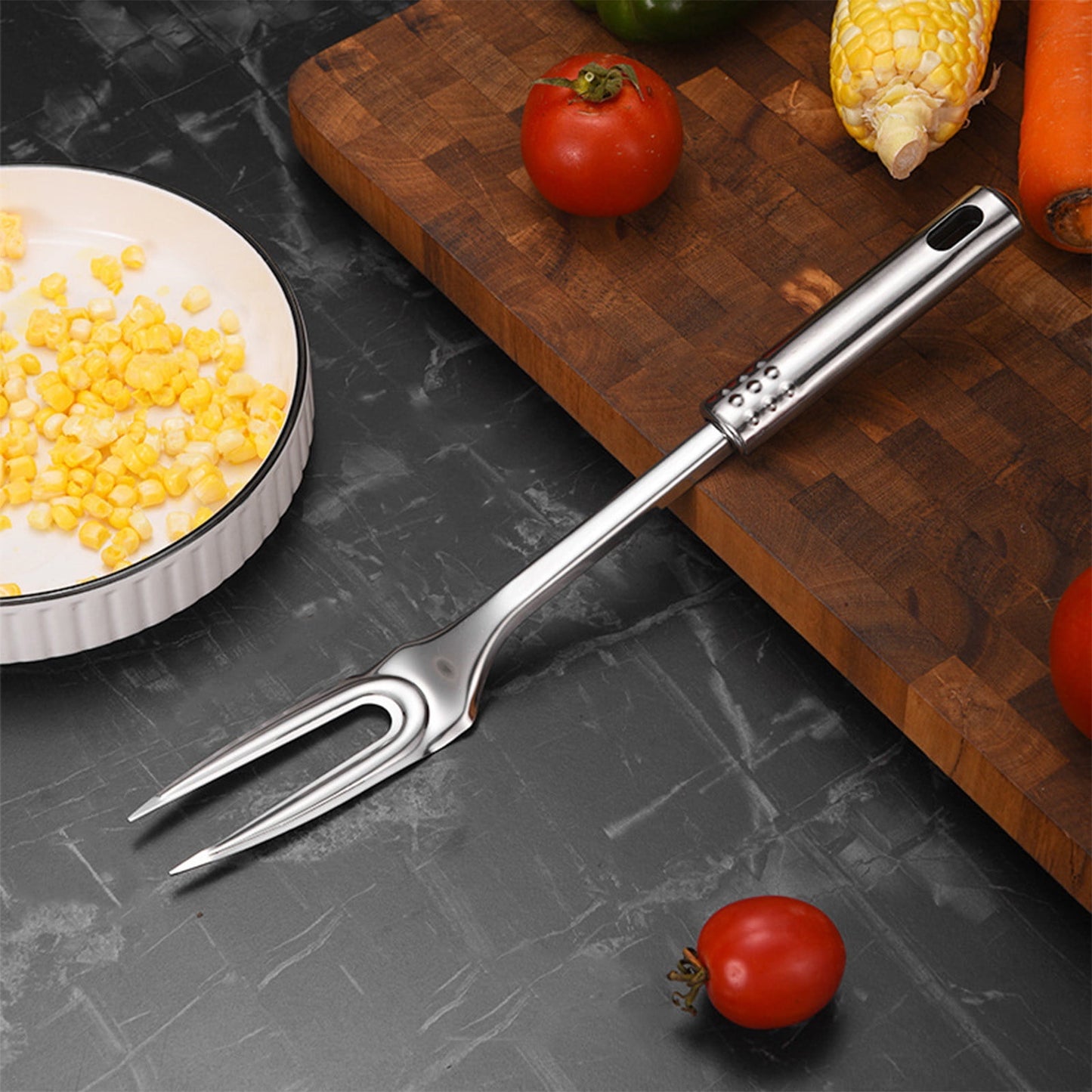 13-Inch Two Pronged Steak Fork Made of 304 Stainless Steel，Heavy Duty for Carving and Serving Meat，Comfortable Long Handle for Grilling and BBQ，Elegant Addition to Kitchen Utensils.