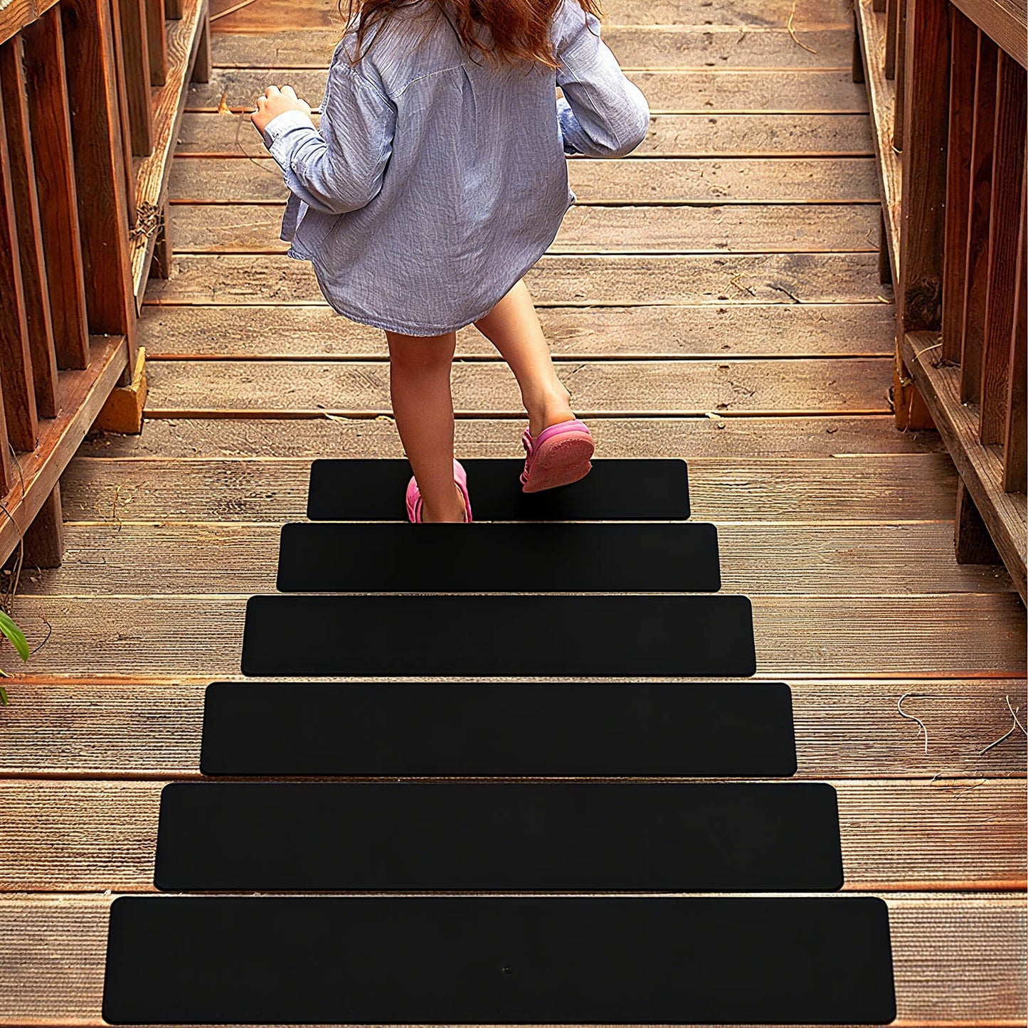 PVC Outdoor Stair Treads - Non Slip Weather Resistant Exterior Grip Tape - Anti Sniña Strips - Waterproof 80-Grit Adhesive Treads, Frosted Waterproof Wear Sticker Step Floor(24" x 4" - 5-Pack ) Black