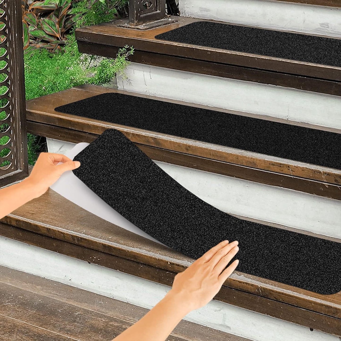 PVC Outdoor Stair Treads - Non Slip Weather Resistant Exterior Grip Tape - Anti Sniña Strips - Waterproof 80-Grit Adhesive Treads, Frosted Waterproof Wear Sticker Step Floor(24" x 4" - 5-Pack ) Black