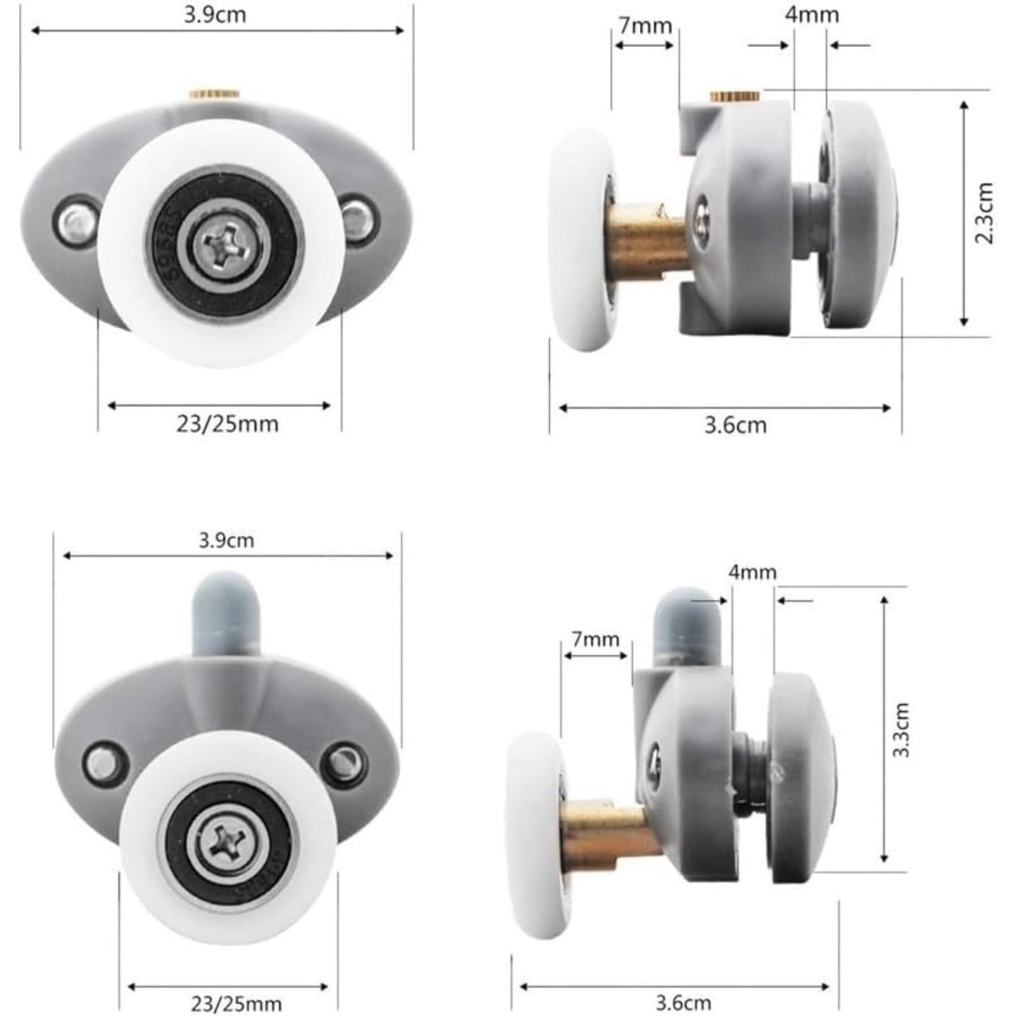 Shower Door Rollers, Single Shower Door Runners/Wheels/Pulleys/Guides 25mm Diameter Home Bathroom DIY Replacement Parts (2 Upper Rollers and 2 Bottom Rollers) 2 Set Multisize White/23 mm