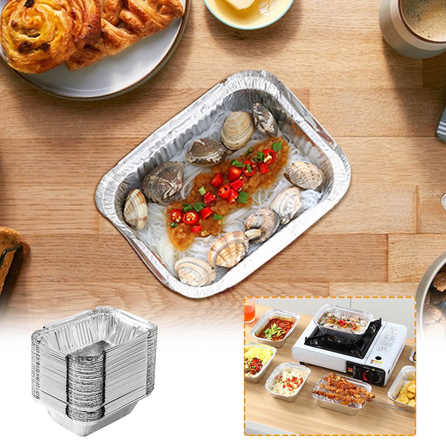 50 Pcs Disposable Aluminum Baking Pans,Rectangular Foil Trays for Grilling and Baking,Oven-Safe and Eco-Friendly,Perfect for Brownies,Lasagna,or Outdoor BBQ,No Cleanup Needed. 50pcs 230ML