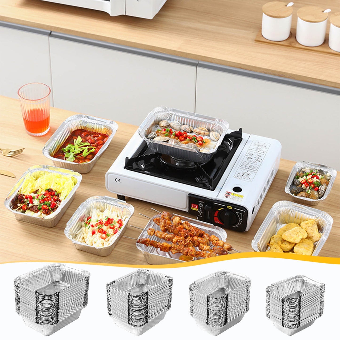 50 Pcs Disposable Aluminum Baking Pans,Rectangular Foil Trays for Grilling and Baking,Oven-Safe and Eco-Friendly,Perfect for Brownies,Lasagna,or Outdoor BBQ,No Cleanup Needed. 50pcs 230ML