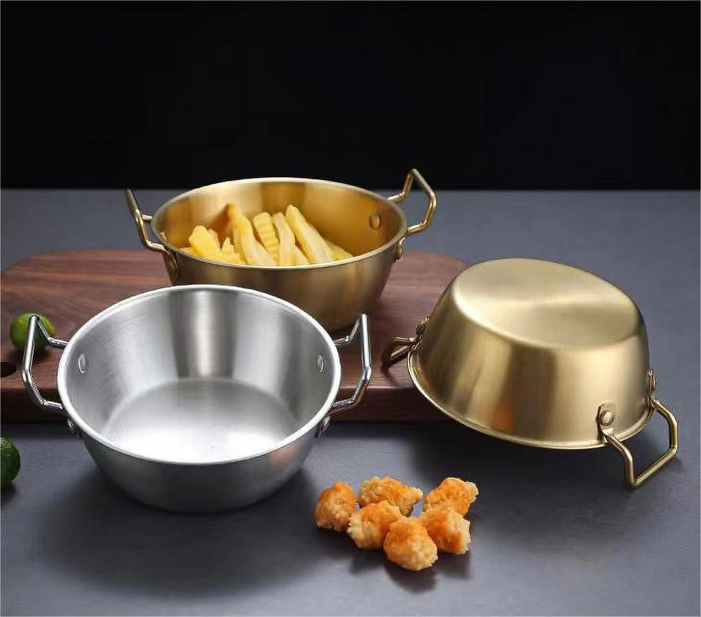 Stainless Steel Soy Sauce Dishes,Sauce Dish Metal Popcorn Pot reusable,Golden Dipping Bowl with Handle Individual Round Seasoning Bowls Serving Dishes for Sushi,Side Dishes,Dessert,Tomato Sauce gold 13cm