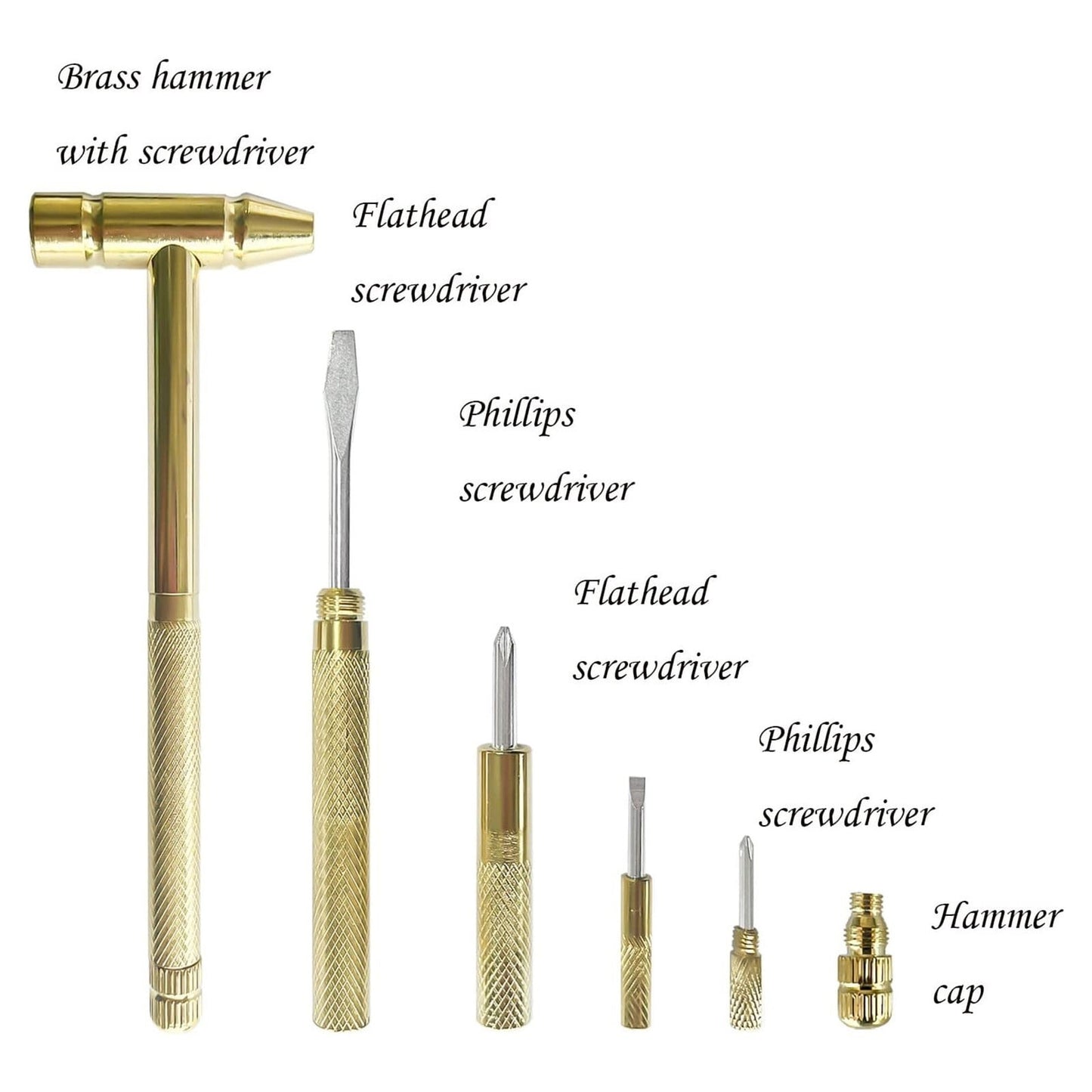 6 in 1 Metal Mini Hammer,Portable Multitool Hammers,Metal Hammer and Screwdriver Multitool Set with Anti-Slip Grip Handle Slotted/Flat Head Phillips Screwdriver and Hammer(Gold) Gold