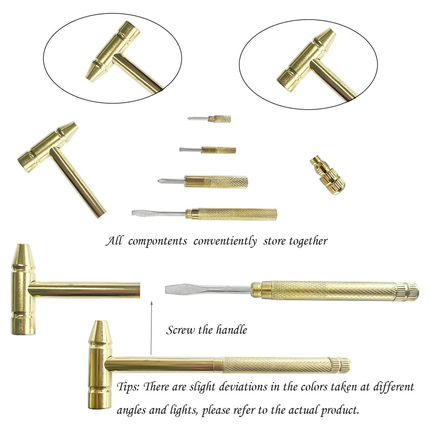 6 in 1 Metal Mini Hammer,Portable Multitool Hammers,Metal Hammer and Screwdriver Multitool Set with Anti-Slip Grip Handle Slotted/Flat Head Phillips Screwdriver and Hammer(Gold) Gold