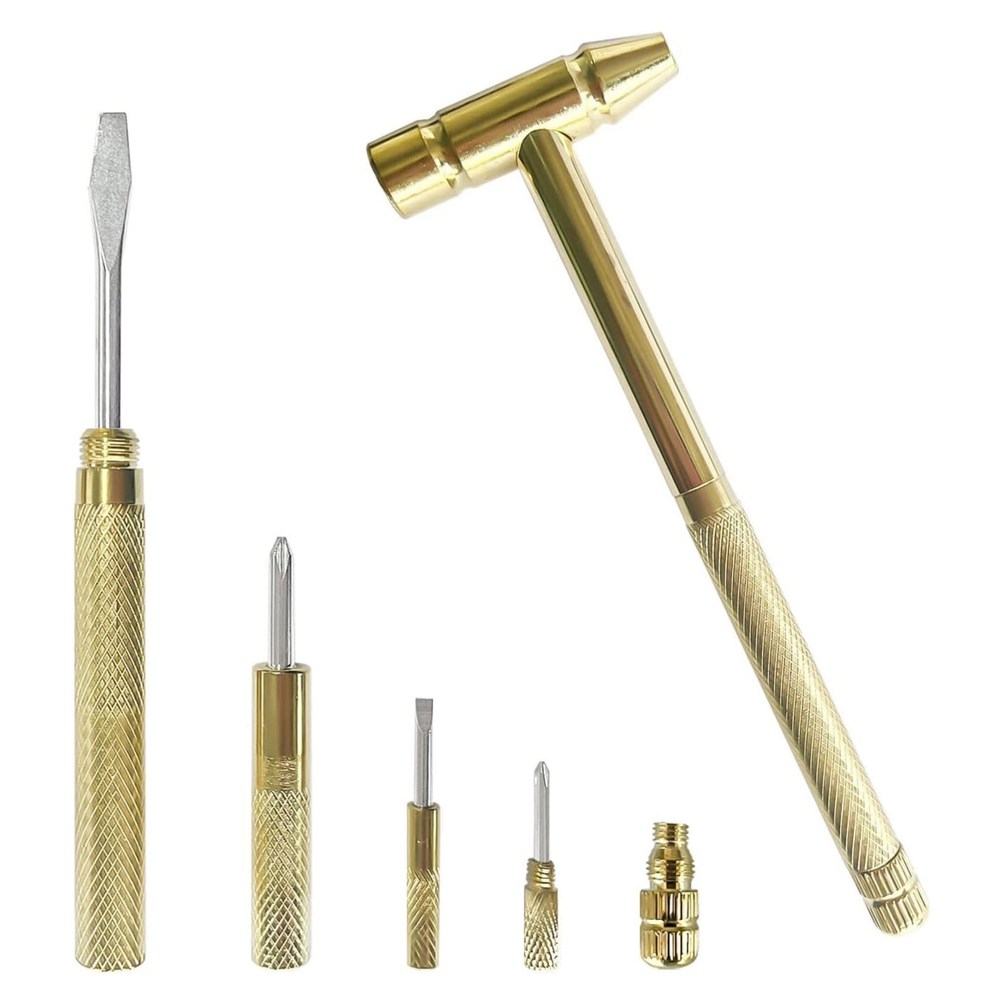 6 in 1 Metal Mini Hammer,Portable Multitool Hammers,Metal Hammer and Screwdriver Multitool Set with Anti-Slip Grip Handle Slotted/Flat Head Phillips Screwdriver and Hammer(Gold) Gold
